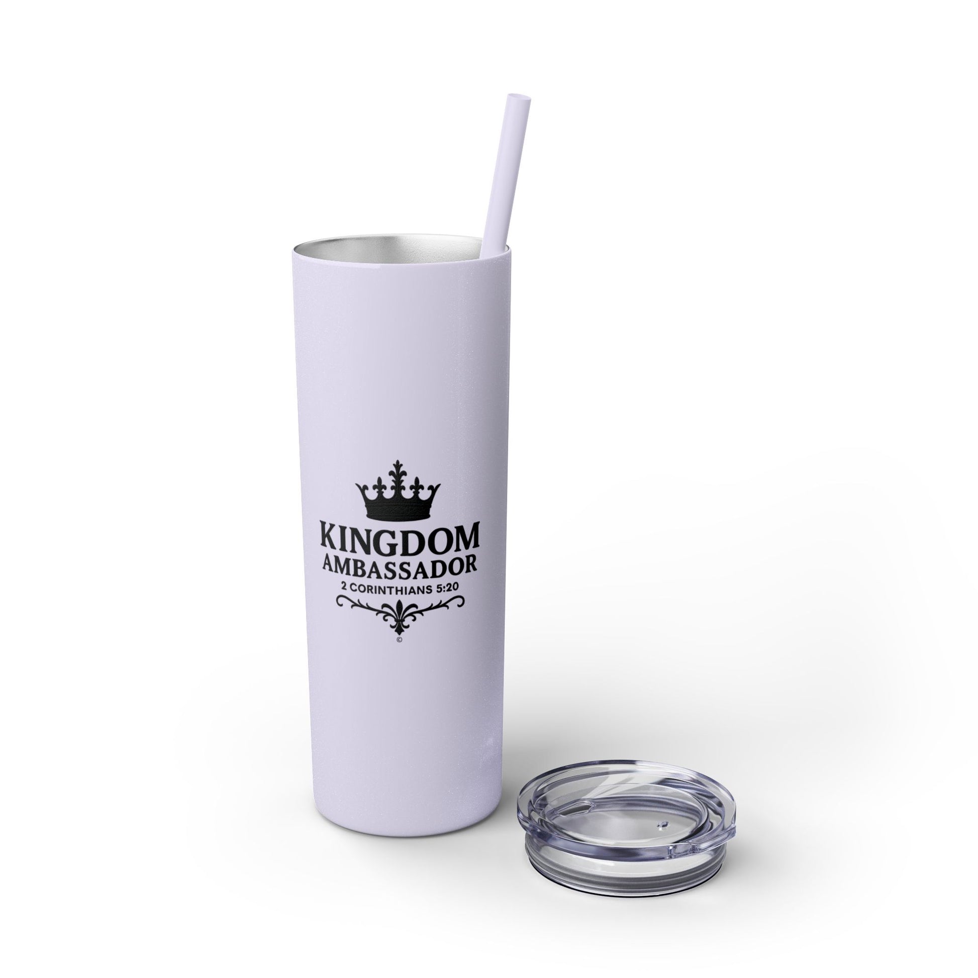 Kingdom Ambassador (Black Lettering) Stylish Skinny Tumbler with Straw, 20oz - Perfect Gift for Believers, Travel Mug, Insulated Drinkware, Inspirational Cup - Cross Apparel USA
