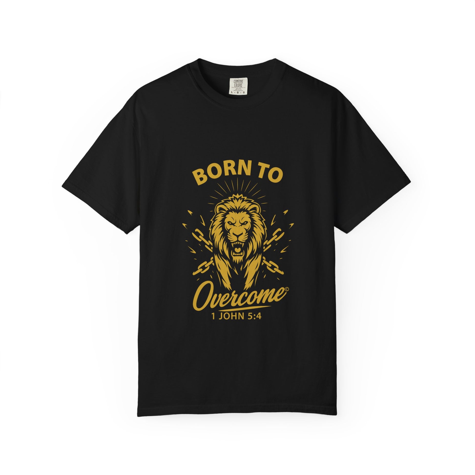 Born to Overcome (Gold Lettering) Unisex Faith Tee, Relaxed Fit Shirt, Inspirational Apparel, Gift for Believers - Cross Apparel USA