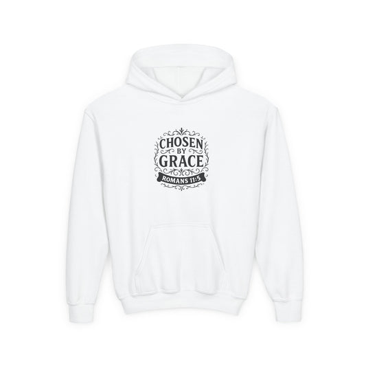 Chosen by Grace (Black Lettering) Youth Heavy Blend Hooded Sweatshirt - Cross Apparel USA
