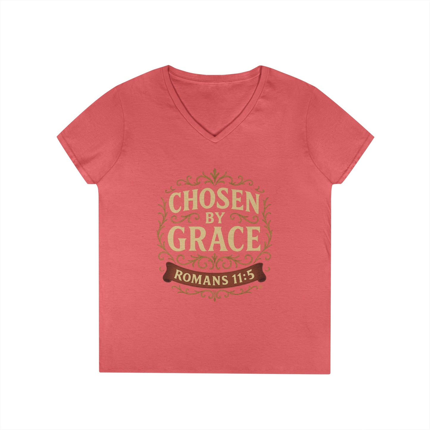 Chosen by Grace (Full Color) Ladies V-Neck T-Shirt, Inspirational Gift, Faith-Based Gift
