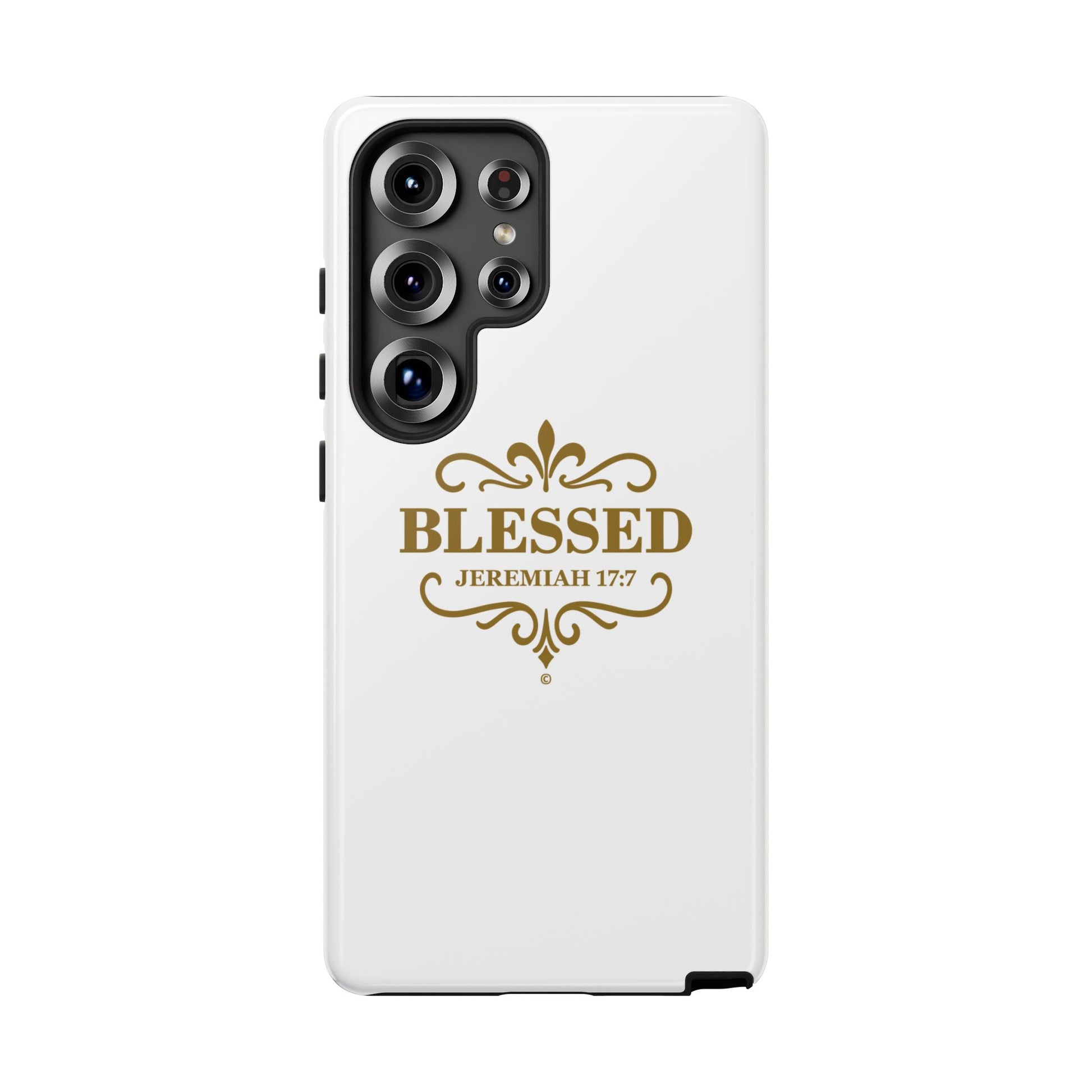 Blessed (Gold Lettering), Rugged Phone Case, Inspirational Mobile Cover, Gift for Faith Lovers, Faith-Based Protector - Cross Apparel USA