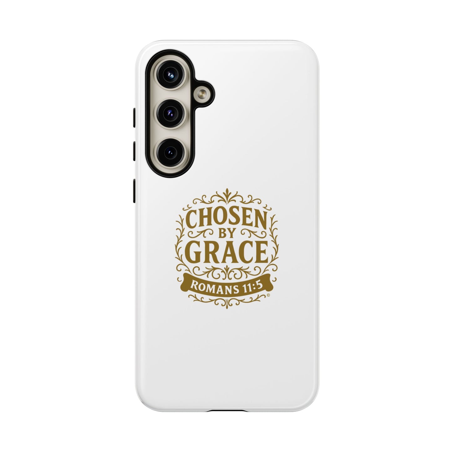 Chosen by Grace (Gold Lettering), Rugged Phone Case, Inspirational Mobile Cover, Gift for Faith Lovers, Faith-Based Protector - Cross Apparel USA