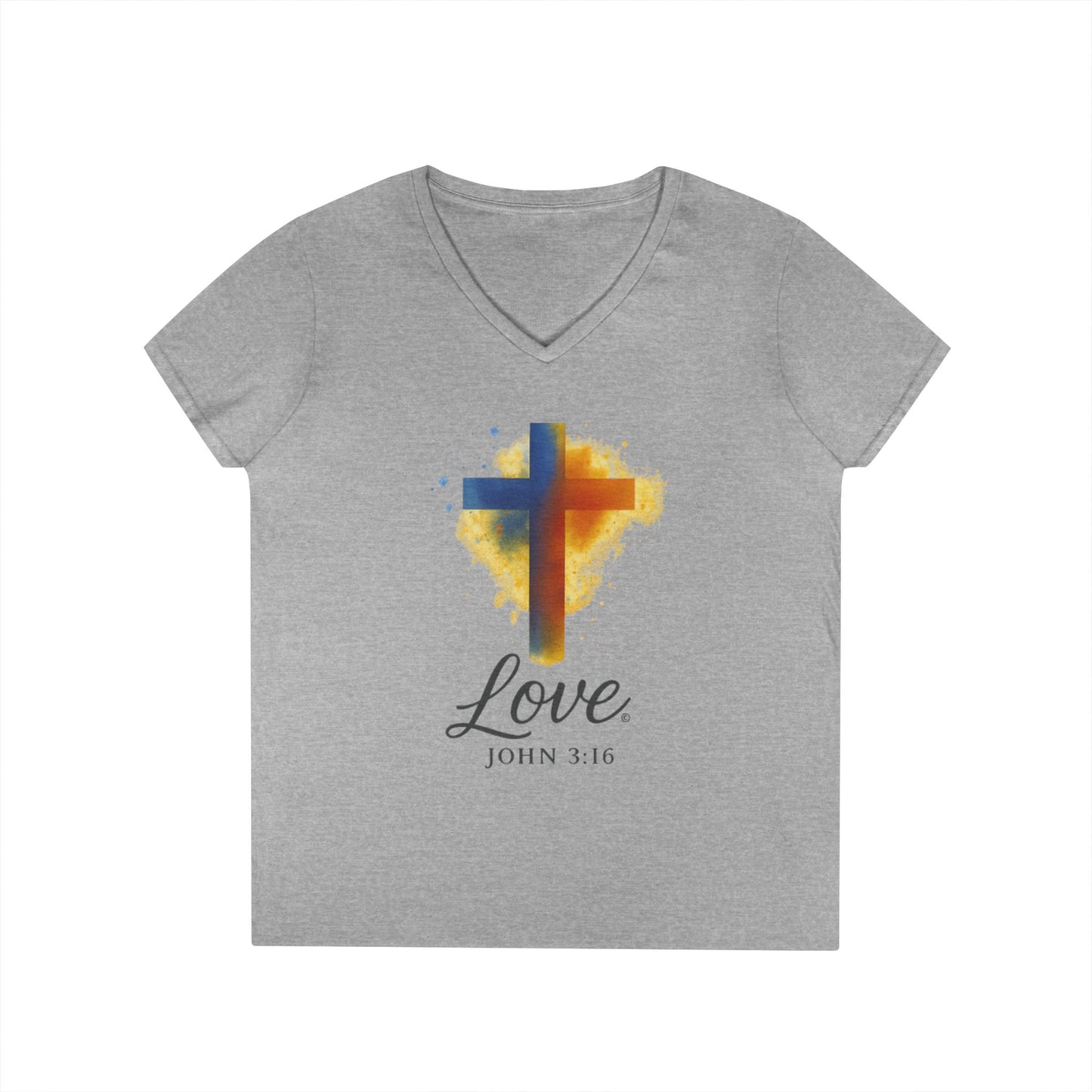 Love (Full Color) Ladies V-Neck T-Shirt, Inspirational Gift, Faith-Based Gift - Cross Apparel USA