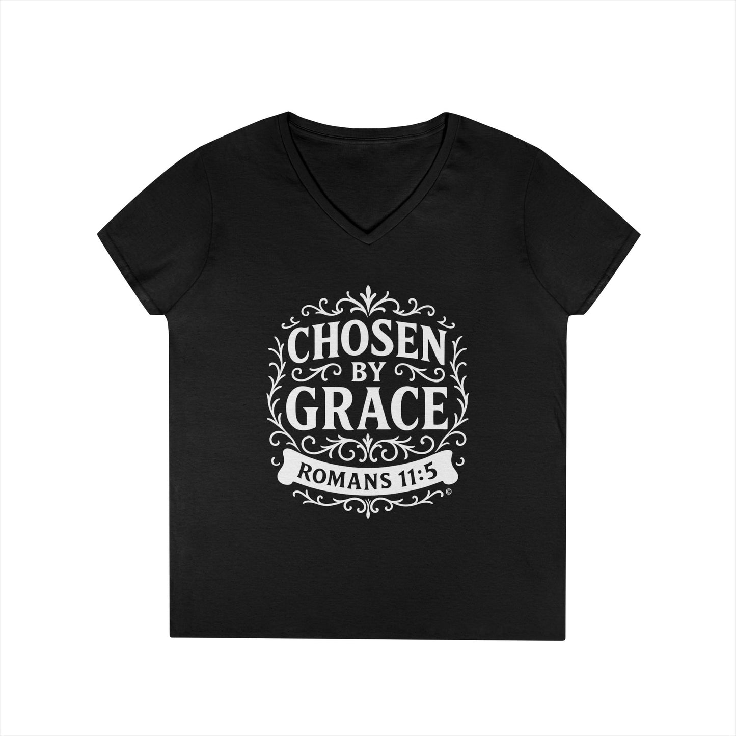 Chosen by Grace (White Lettering) Ladies V-Neck T-Shirt, Inspirational Gift, Faith-Based Gift