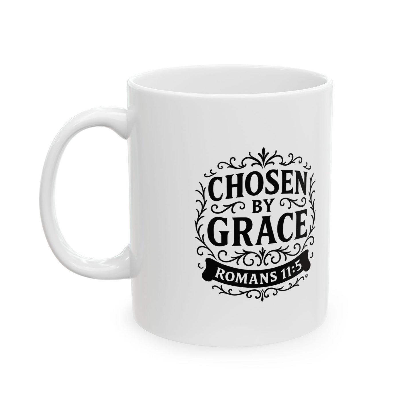 Chosen by Grace (Black Lettering) Ceramic Mug, Inspirational Gift, Coffee Cup for Faith, Gift of Believers, Devotional Drinkware (11oz, 15oz) - Cross Apparel USA