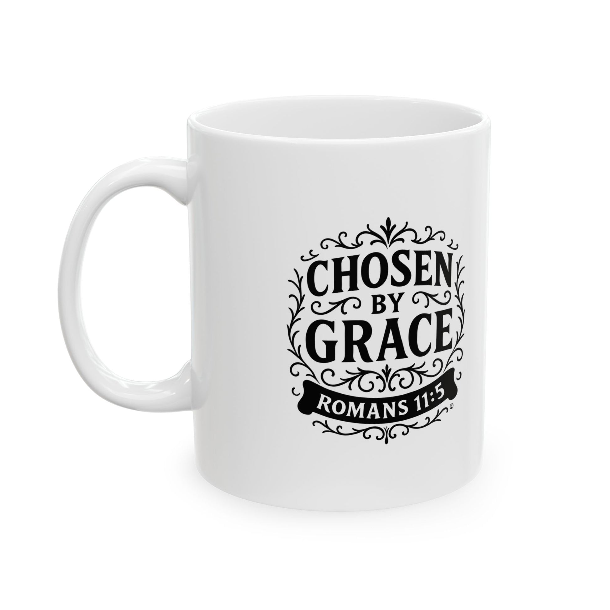 Chosen by Grace (Black Lettering) Ceramic Mug, Inspirational Gift, Coffee Cup for Faith, Gift of Believers, Devotional Drinkware (11oz, 15oz) - Cross Apparel USA