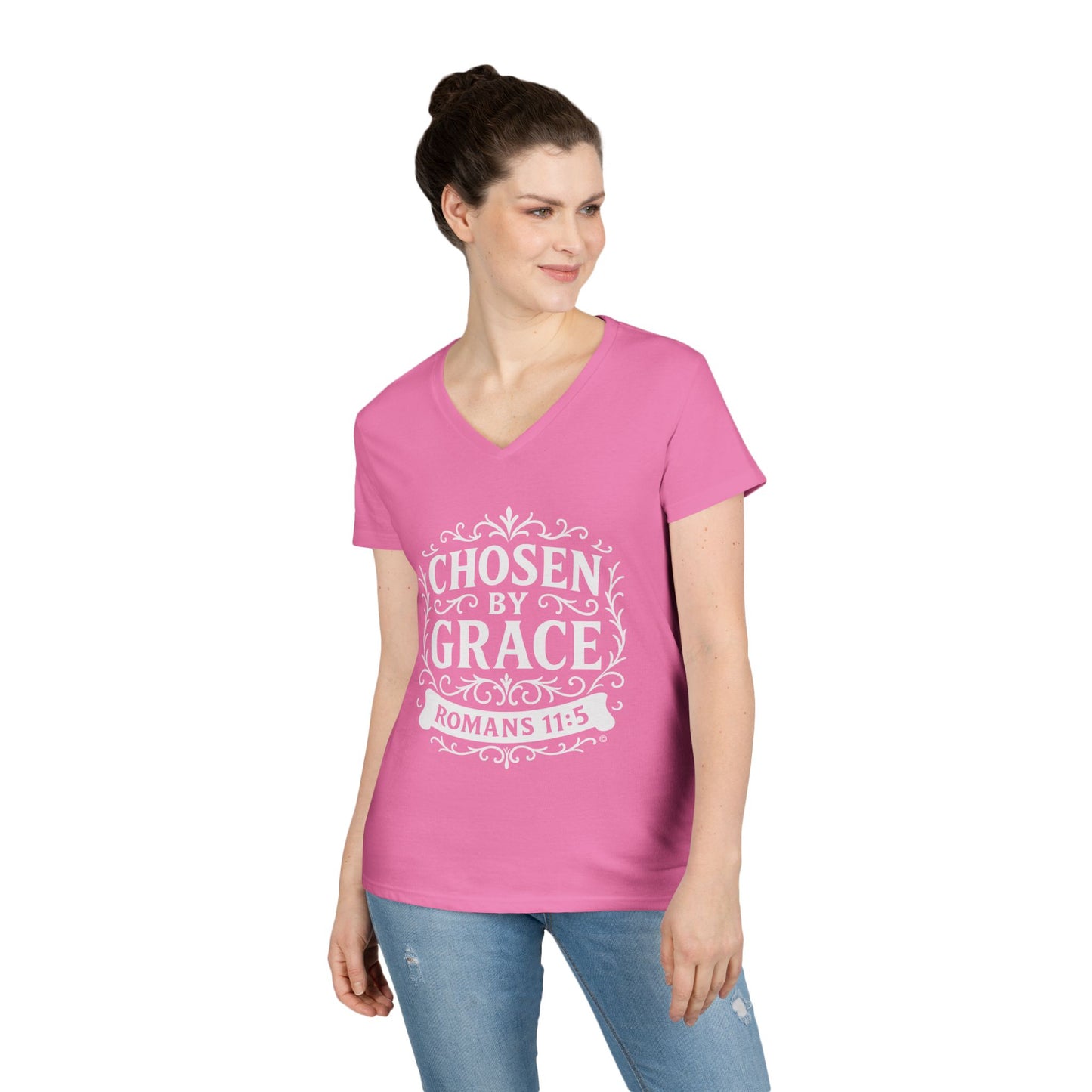 Chosen by Grace (White Lettering) Ladies V-Neck T-Shirt, Inspirational Gift, Faith-Based Gift