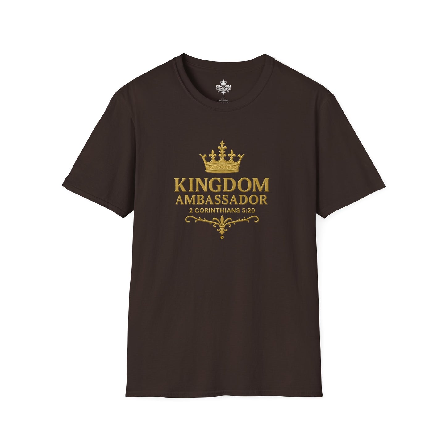 Kingdom Ambassador (Gold Lettering) T-Shirt | Unisex Softstyle Tee for Faith, Community Events, Gifts for Believers