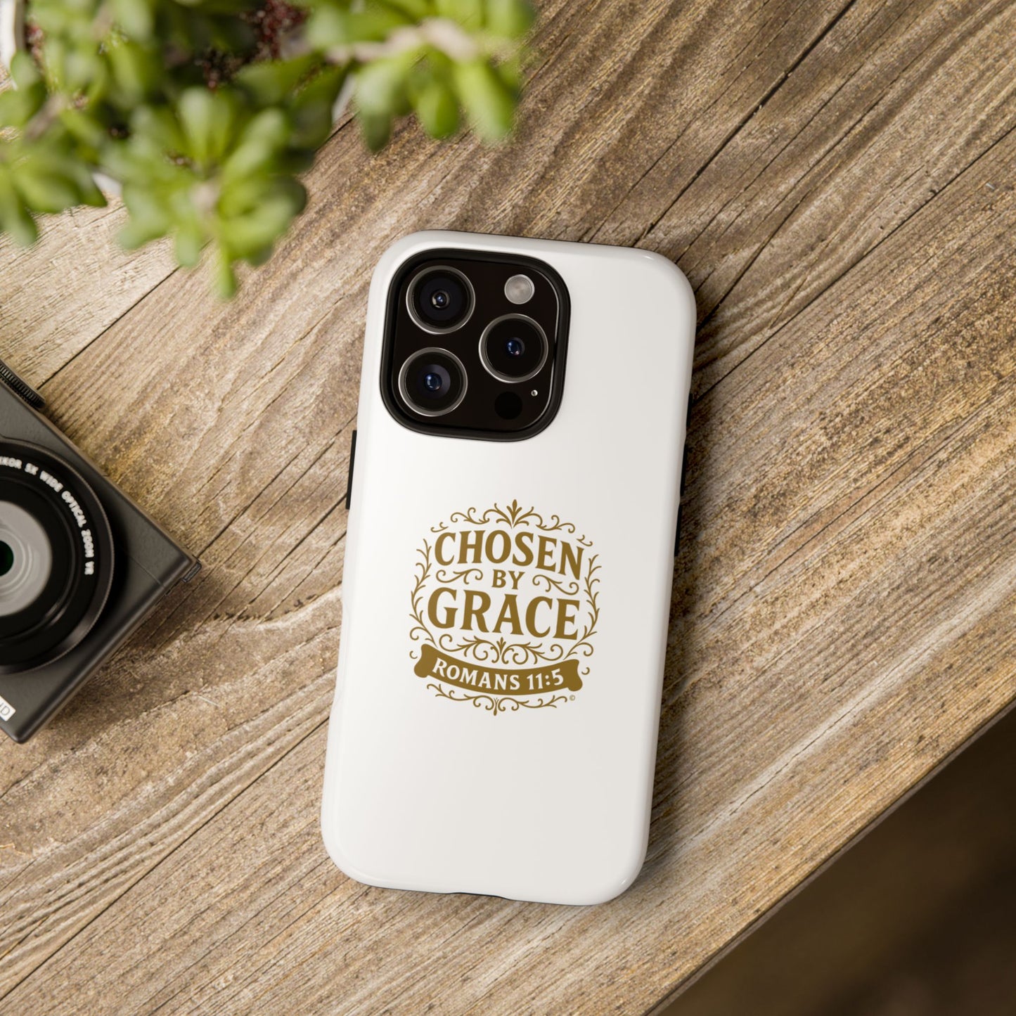 Chosen by Grace (Gold Lettering), Rugged Phone Case, Inspirational Mobile Cover, Gift for Faith Lovers, Faith-Based Protector - Cross Apparel USA