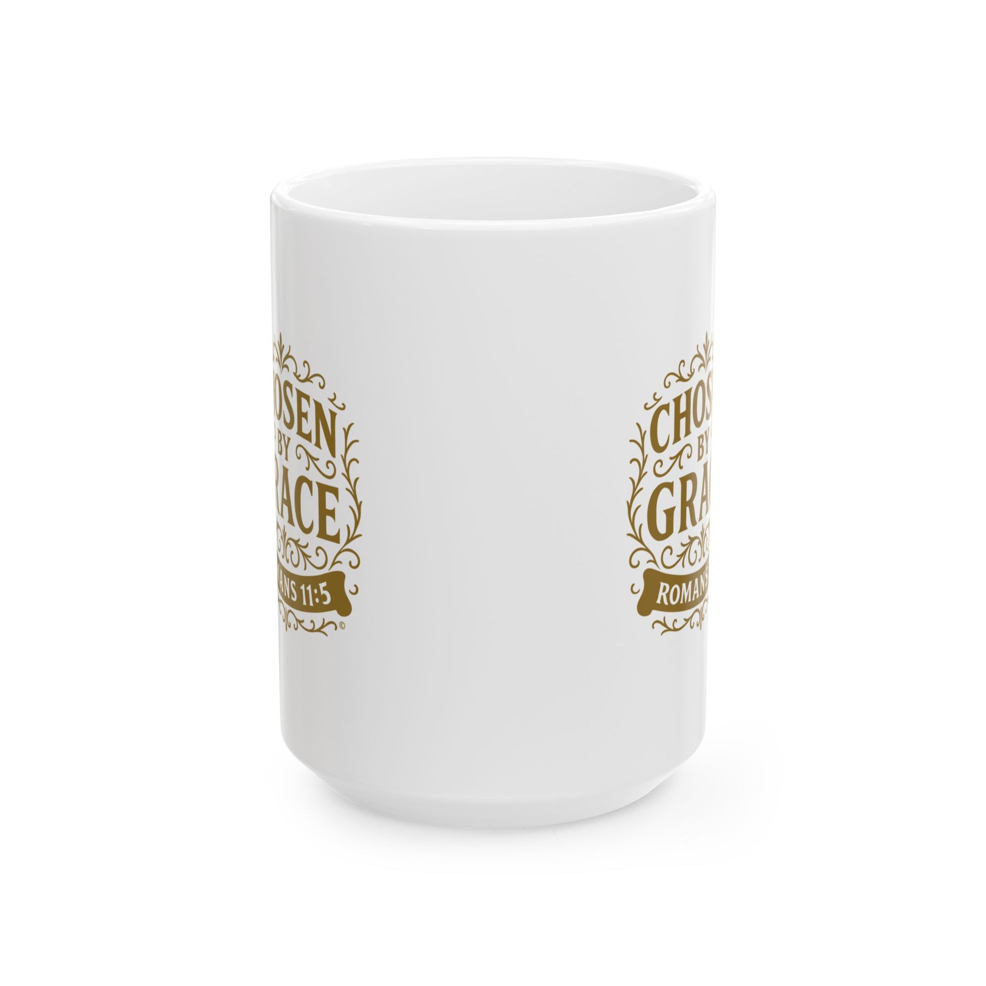 Chosen by Grace (Gold Lettering) Ceramic Mug, Inspirational Gift, Coffee Cup for Faith, Gift of Believers, Devotional Drinkware (11oz, 15oz) - Cross Apparel USA