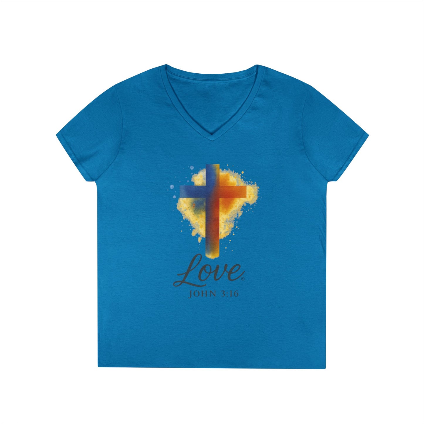 Love (Full Color) Ladies V-Neck T-Shirt, Inspirational Gift, Faith-Based Gift - Cross Apparel USA