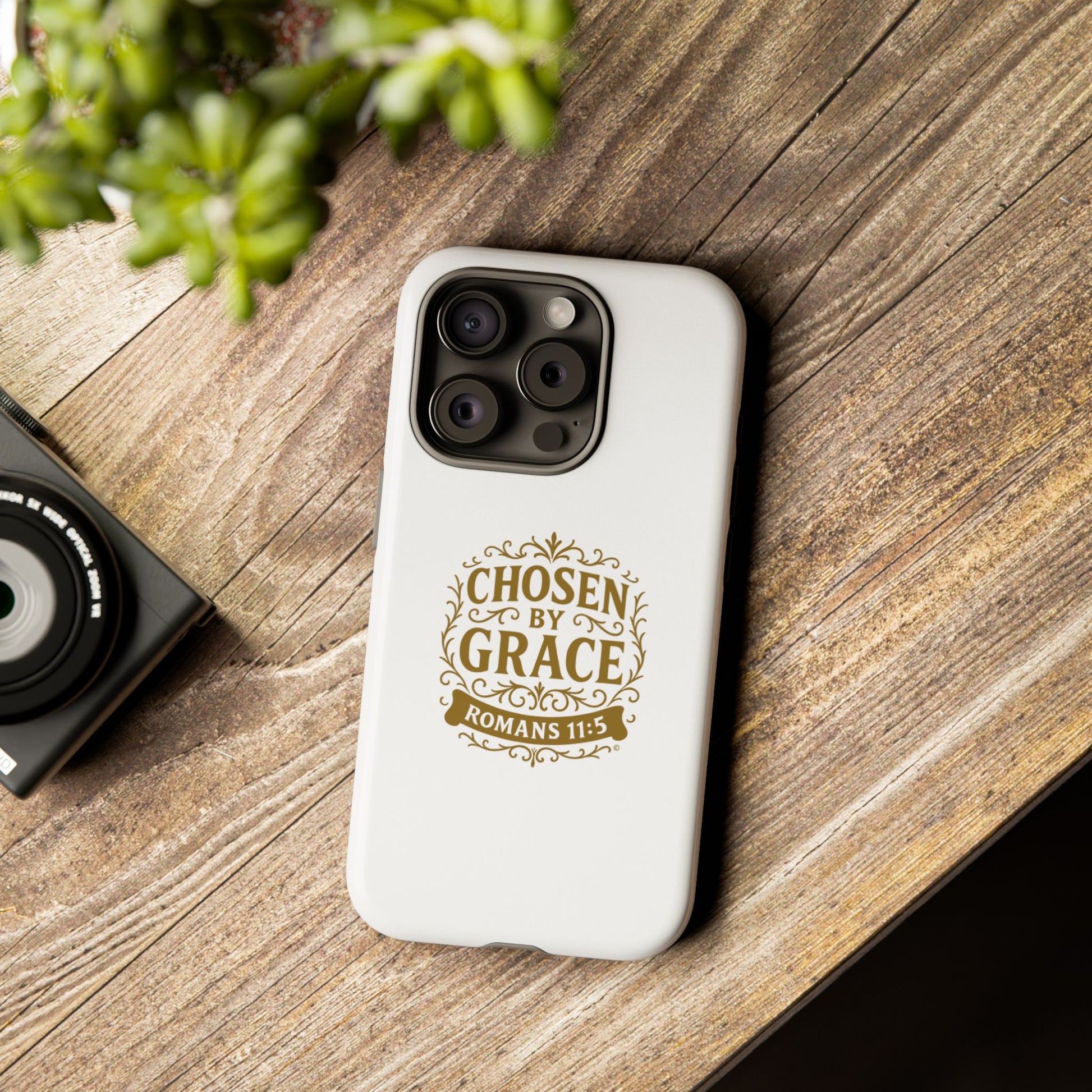 Chosen by Grace (Gold Lettering), Rugged Phone Case, Inspirational Mobile Cover, Gift for Faith Lovers, Faith-Based Protector - Cross Apparel USA