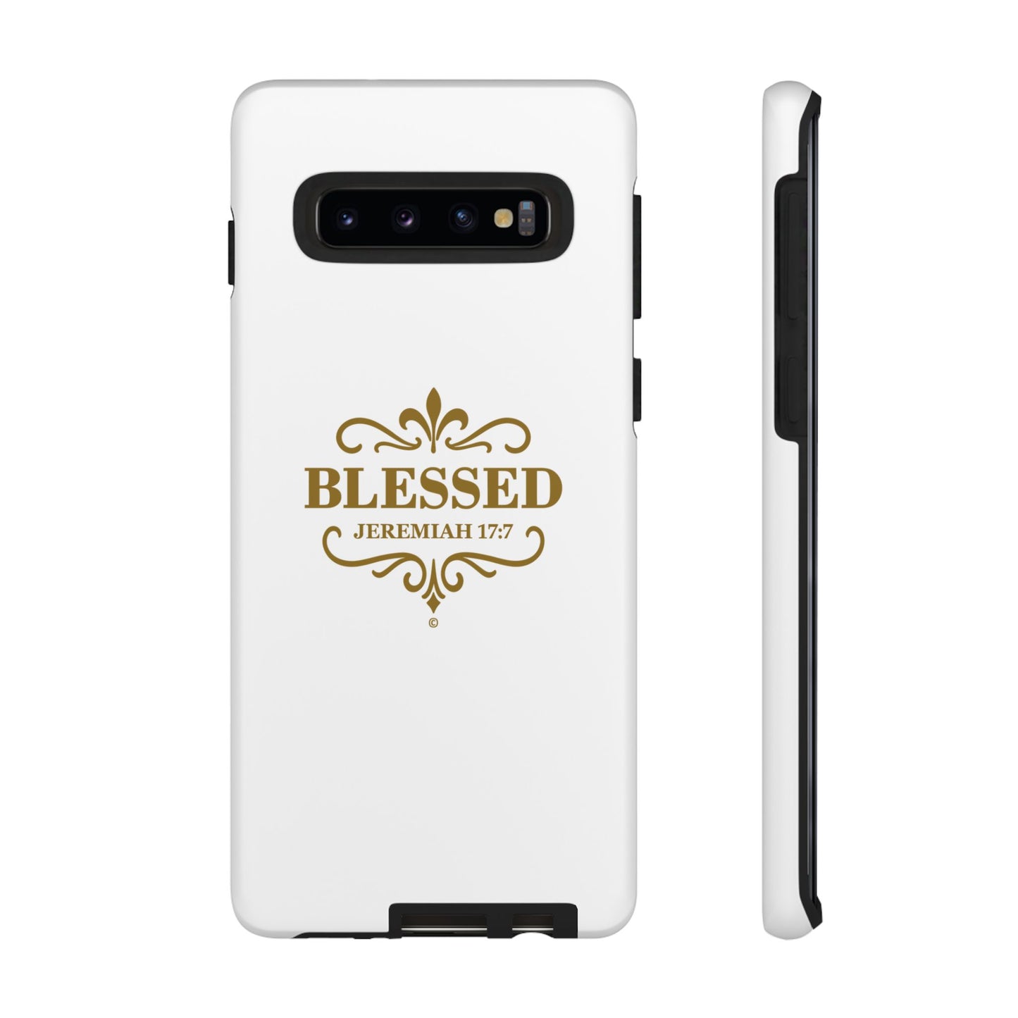Blessed (Gold Lettering), Rugged Phone Case, Inspirational Mobile Cover, Gift for Faith Lovers, Faith-Based Protector - Cross Apparel USA
