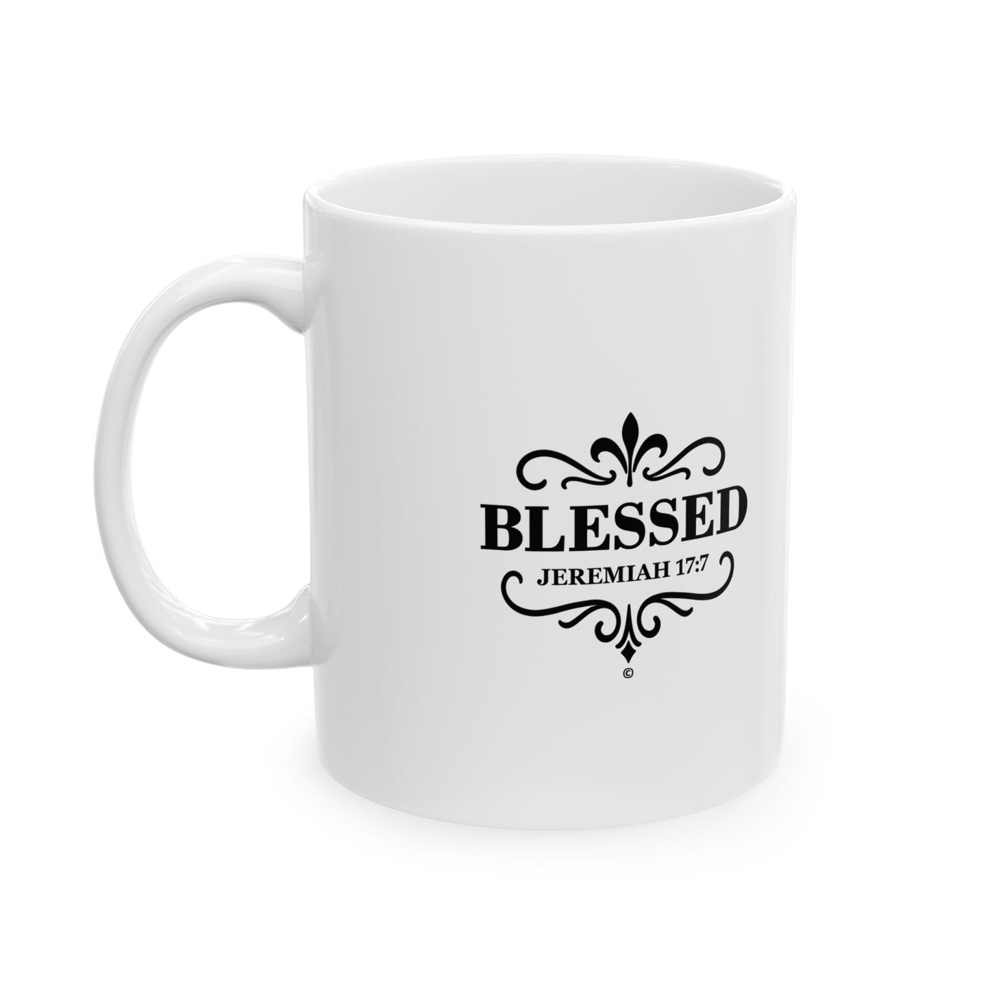 Blessed (Black Lettering) Ceramic Mug, Inspirational Gift, Coffee Cup for Faith, Gift of Believers, Devotional Drinkware (11oz, 15oz) - Cross Apparel USA