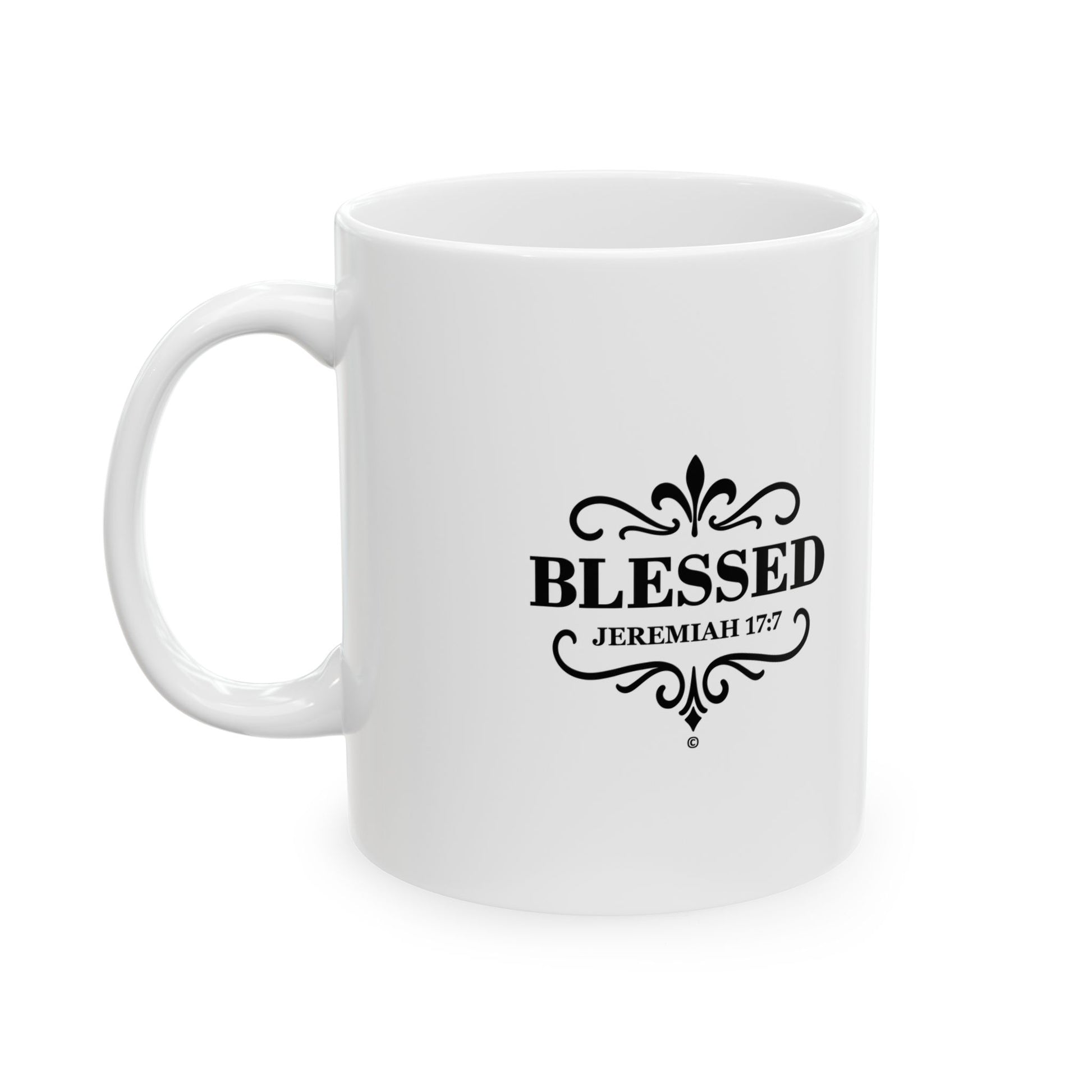 Blessed (Black Lettering) Ceramic Mug, Inspirational Gift, Coffee Cup for Faith, Gift of Believers, Devotional Drinkware (11oz, 15oz) - Cross Apparel USA