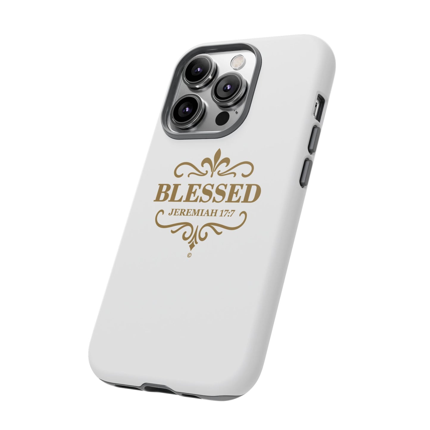 Blessed (Gold Lettering), Rugged Phone Case, Inspirational Mobile Cover, Gift for Faith Lovers, Faith-Based Protector - Cross Apparel USA