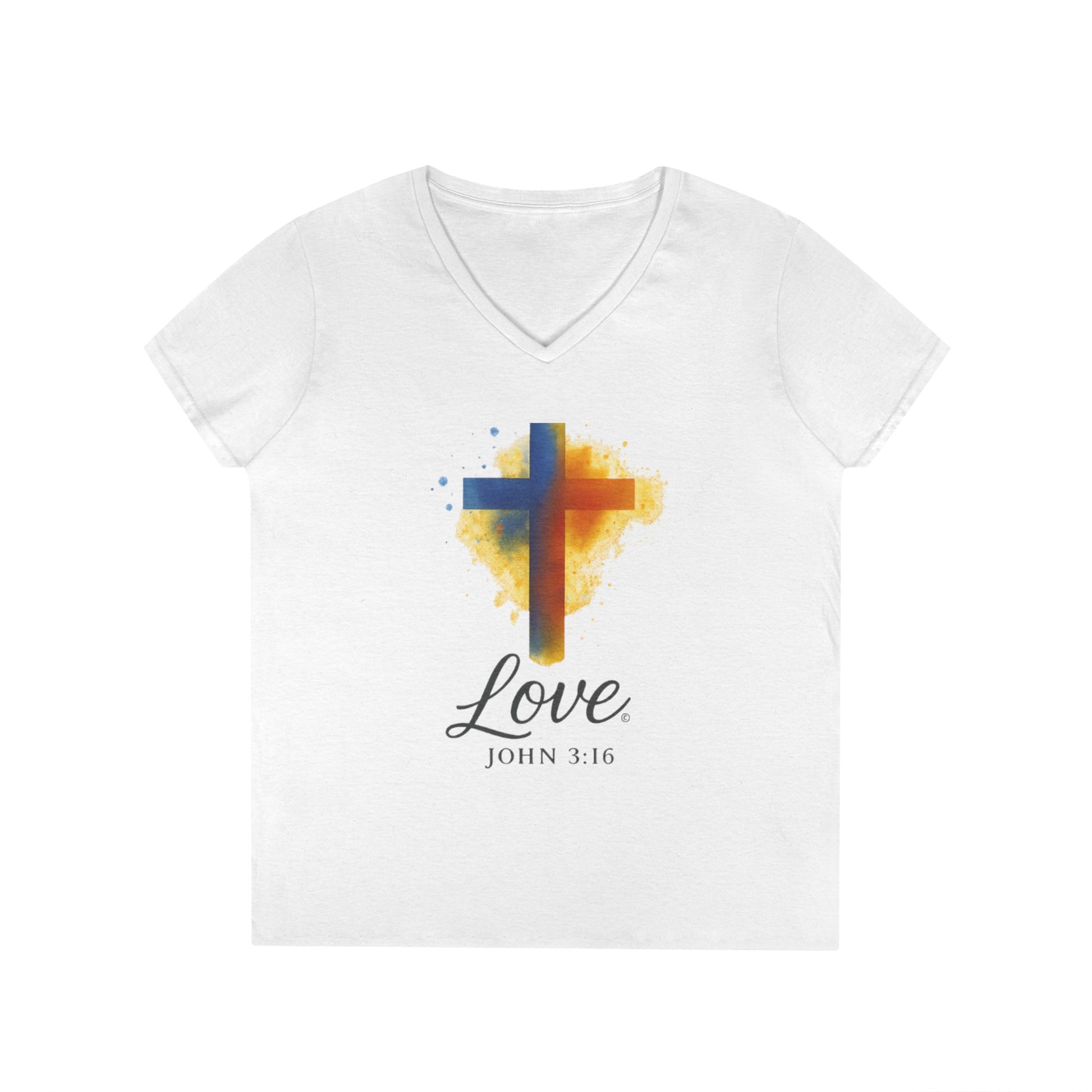 Love (Full Color) Ladies V-Neck T-Shirt, Inspirational Gift, Faith-Based Gift - Cross Apparel USA