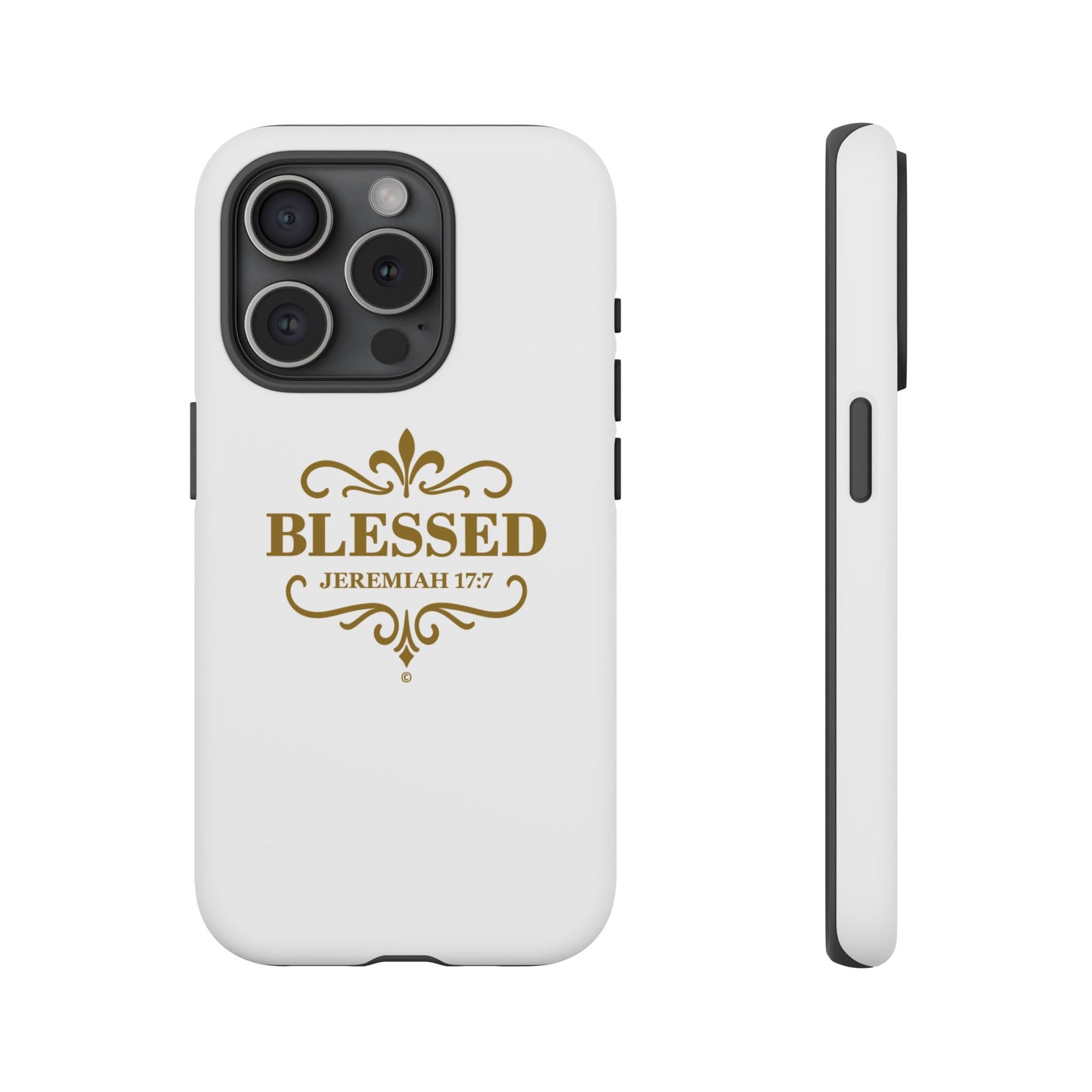 Blessed (Gold Lettering), Rugged Phone Case, Inspirational Mobile Cover, Gift for Faith Lovers, Faith-Based Protector - Cross Apparel USA