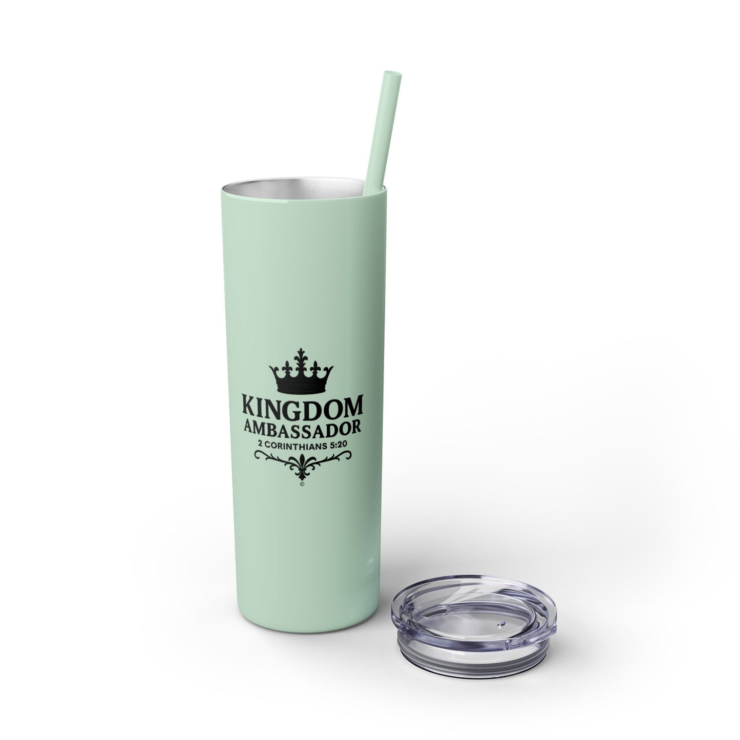 Kingdom Ambassador (Black Lettering) Stylish Skinny Tumbler with Straw, 20oz - Perfect Gift for Believers, Travel Mug, Insulated Drinkware, Inspirational Cup - Cross Apparel USA