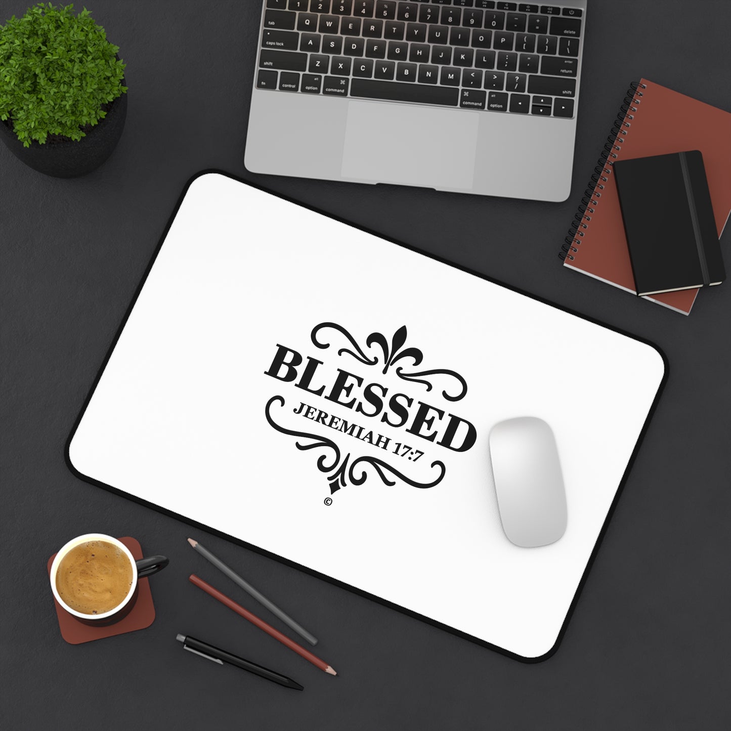 Blessed (Black Lettering) Desk Mat - Inspirational Office Decor, Christian Gift, Desk Accessory, Motivational Workspace - Cross Apparel USA