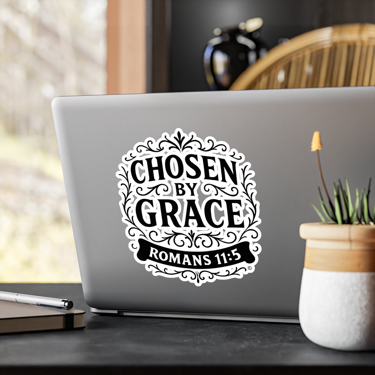 Chosen by Grace (Black Lettering) Kiss-Cut Vinyl Decals, Inspirational Wall Art, Faith-Based Gifts, Perfect for Students - Cross Apparel USA