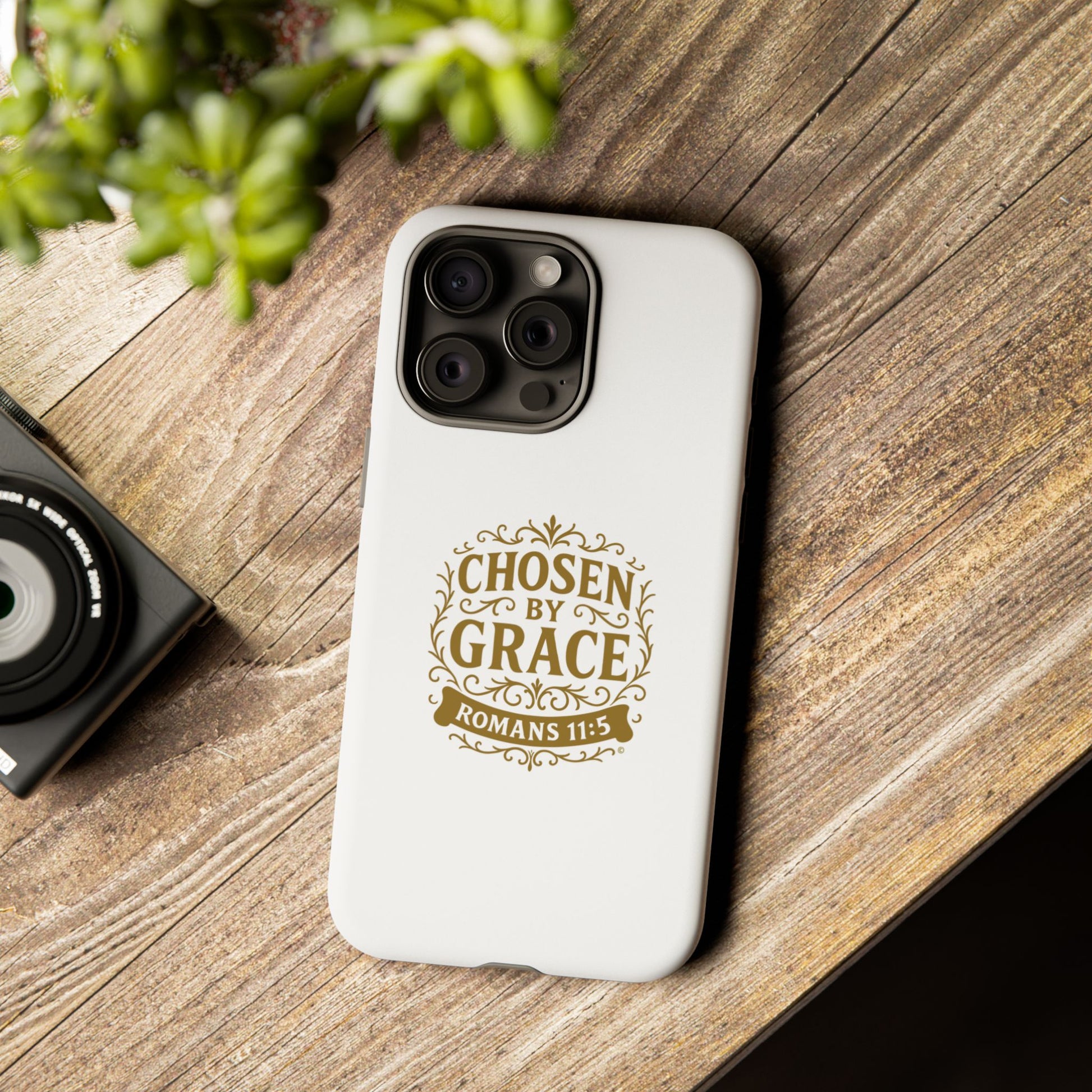 Chosen by Grace (Gold Lettering), Rugged Phone Case, Inspirational Mobile Cover, Gift for Faith Lovers, Faith-Based Protector - Cross Apparel USA
