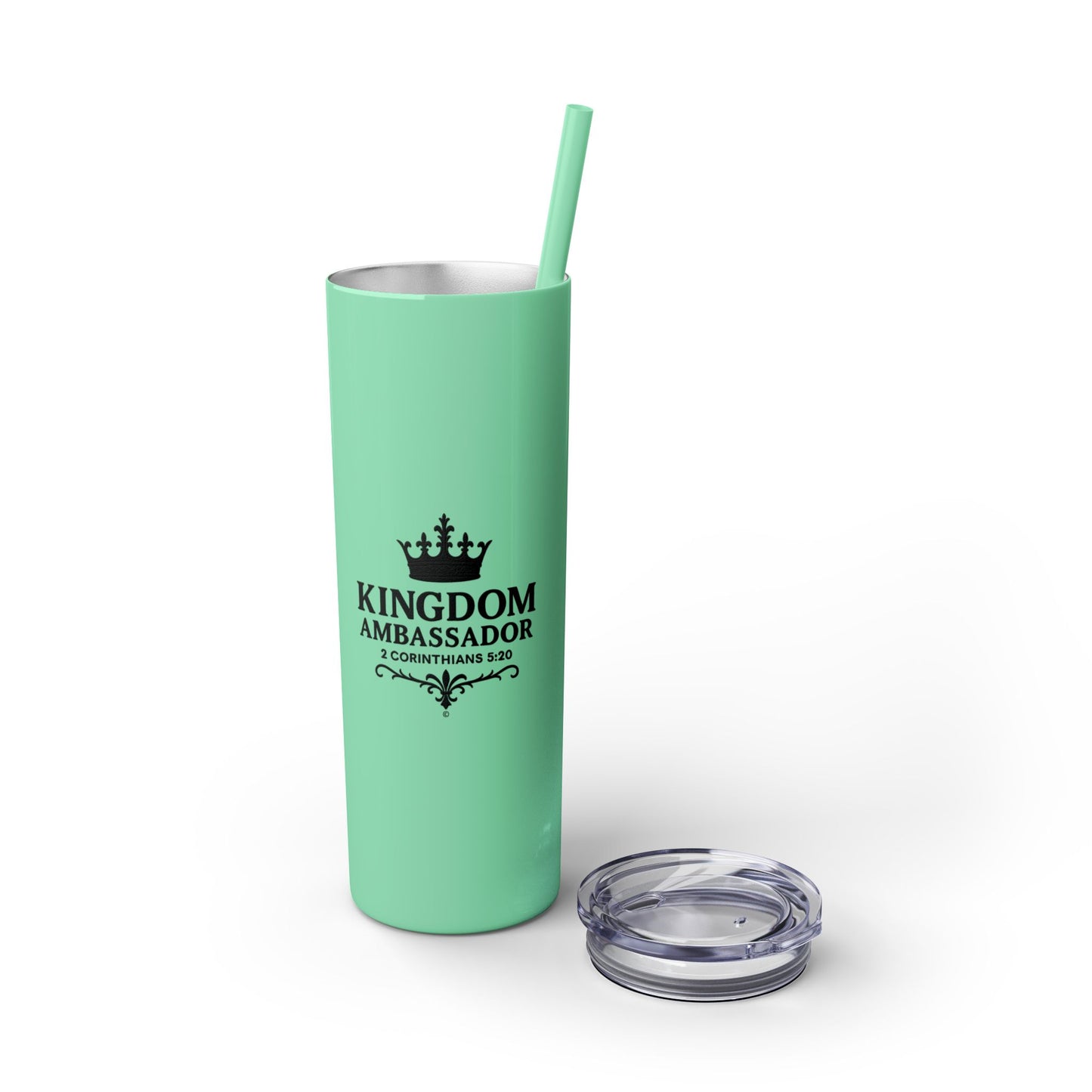 Kingdom Ambassador (Black Lettering) Stylish Skinny Tumbler with Straw, 20oz - Perfect Gift for Believers, Travel Mug, Insulated Drinkware, Inspirational Cup - Cross Apparel USA