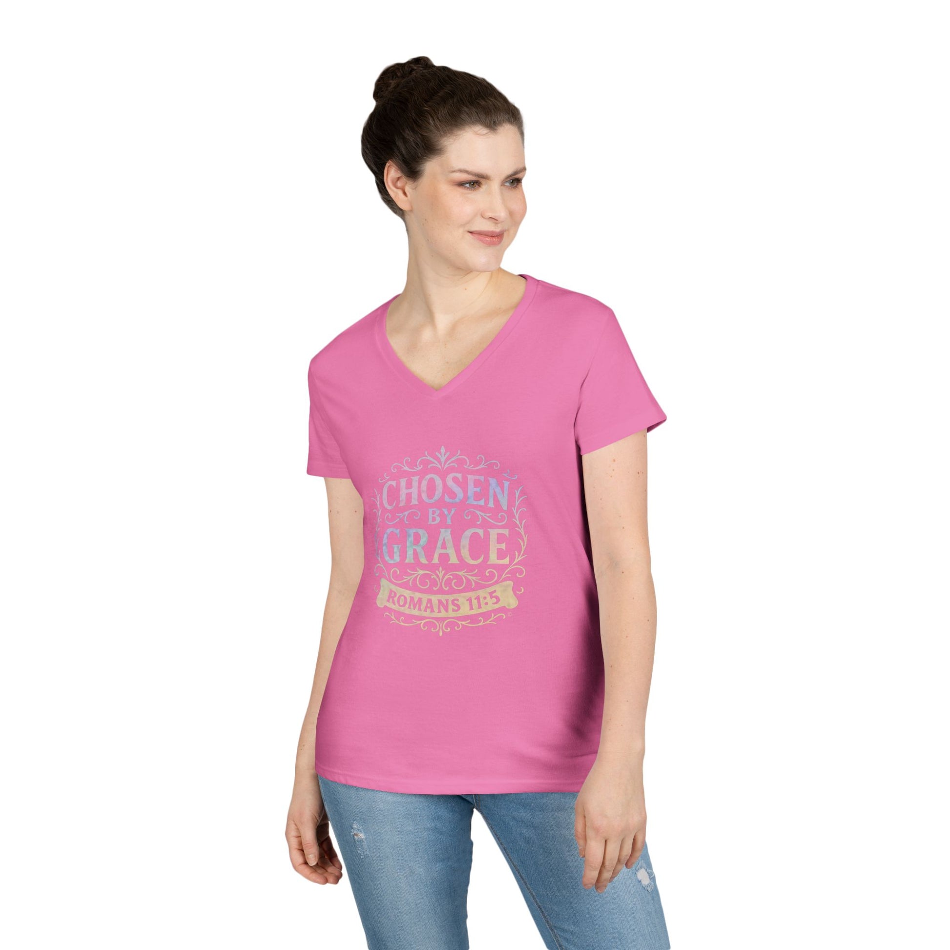Chosen by Grace (Multi-color Limited Edition) Ladies V-Neck T-Shirt, Inspirational Gift, Faith-Based Gift - Cross Apparel USA