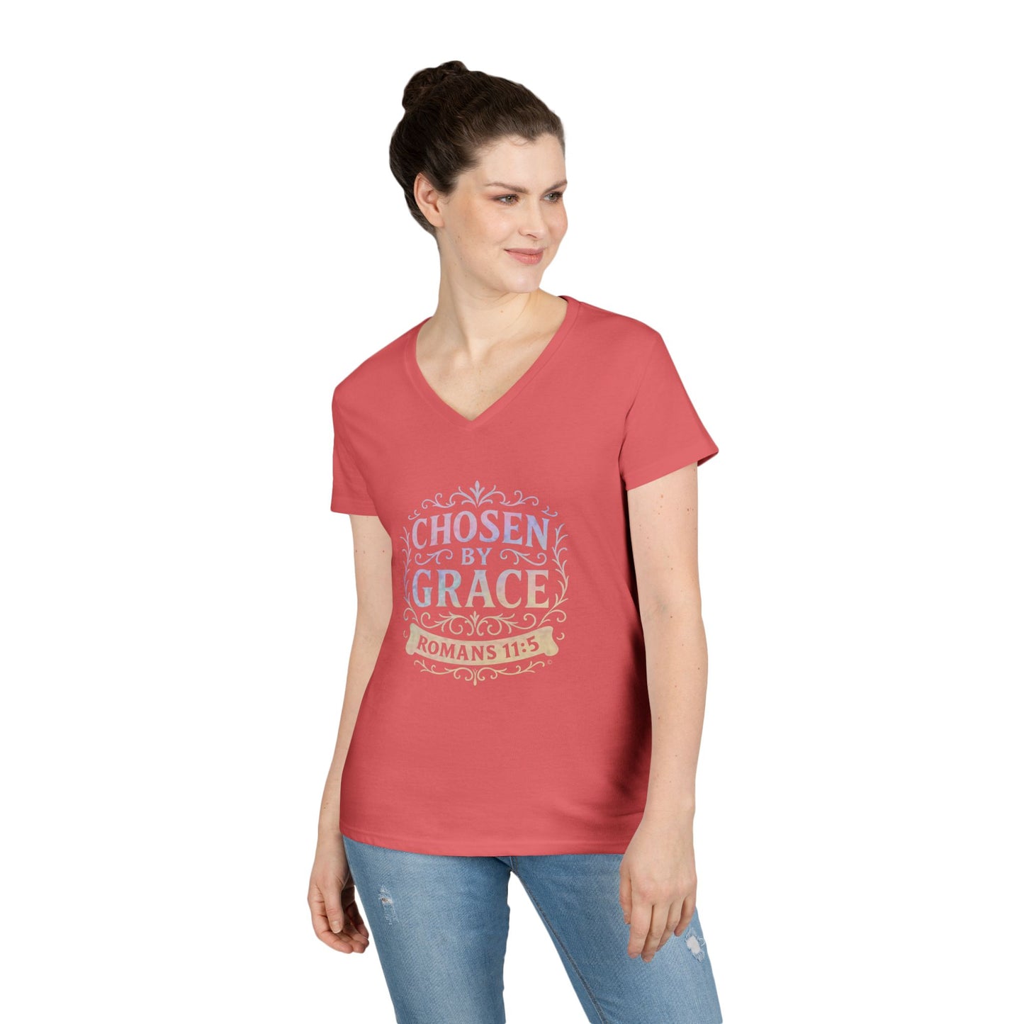 Chosen by Grace (Multi-color Limited Edition) Ladies V-Neck T-Shirt, Inspirational Gift, Faith-Based Gift - Cross Apparel USA