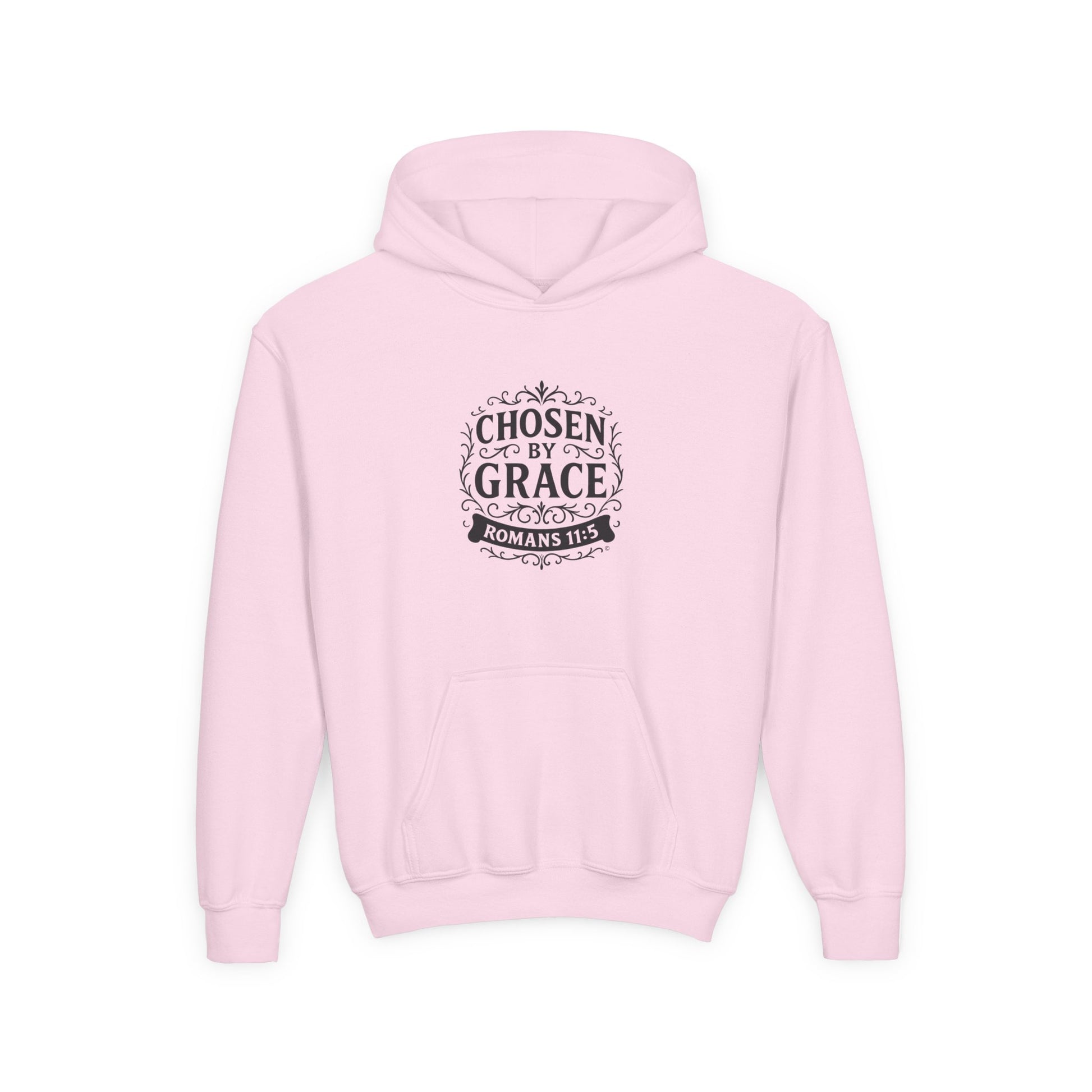 Chosen by Grace (Black Lettering) Youth Heavy Blend Hooded Sweatshirt - Cross Apparel USA
