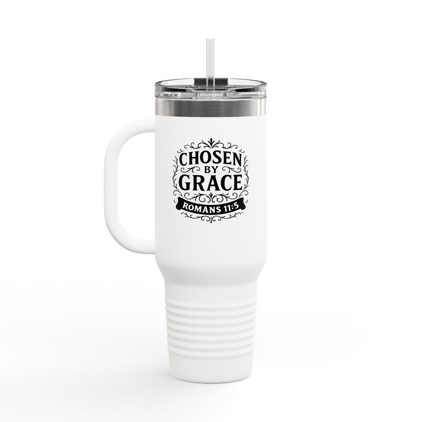 Chosen by Grace (Black Lettering) Insulated Travel Mug, 40oz - Motivational Drinkware, Perfect for Believers, Inspirational Designs - Cross Apparel USA