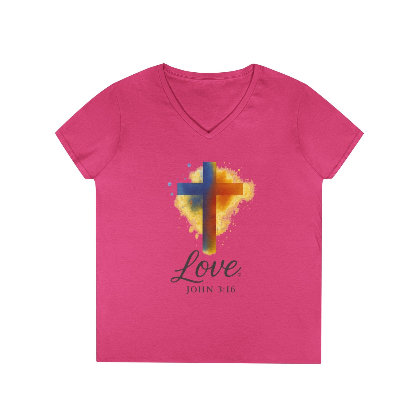 Love (Full Color) Ladies V-Neck T-Shirt, Inspirational Gift, Faith-Based Gift - Cross Apparel USA