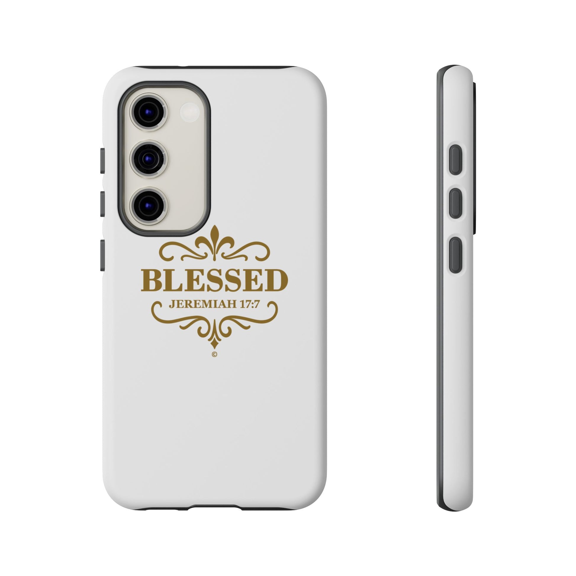 Blessed (Gold Lettering), Rugged Phone Case, Inspirational Mobile Cover, Gift for Faith Lovers, Faith-Based Protector - Cross Apparel USA
