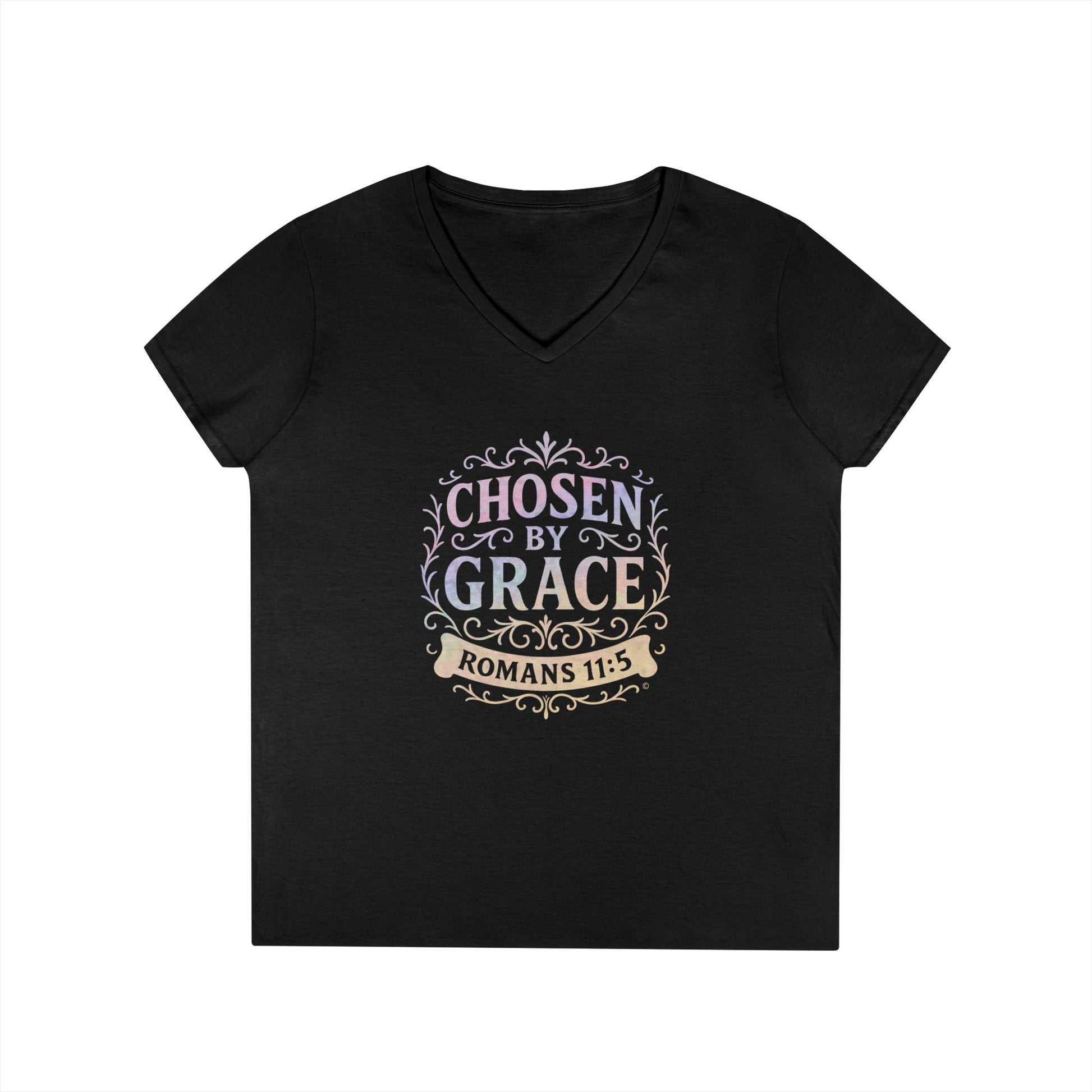 Chosen by Grace (Multi-color Limited Edition) Ladies V-Neck T-Shirt, Inspirational Gift, Faith-Based Gift - Cross Apparel USA