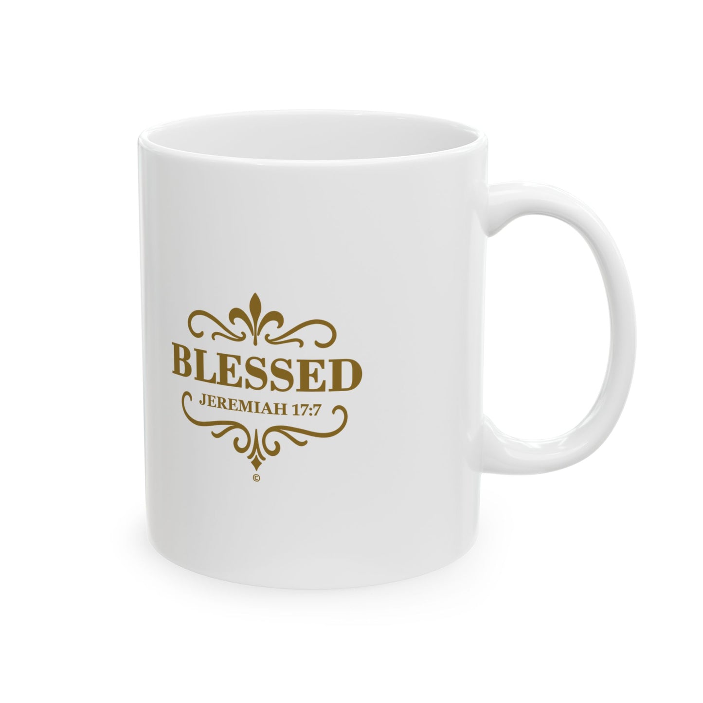 Blessed (Gold Lettering) Ceramic Mug, Inspirational Gift, Coffee Cup for Faith, Gift of Believers, Devotional Drinkware (11oz, 15oz) - Cross Apparel USA