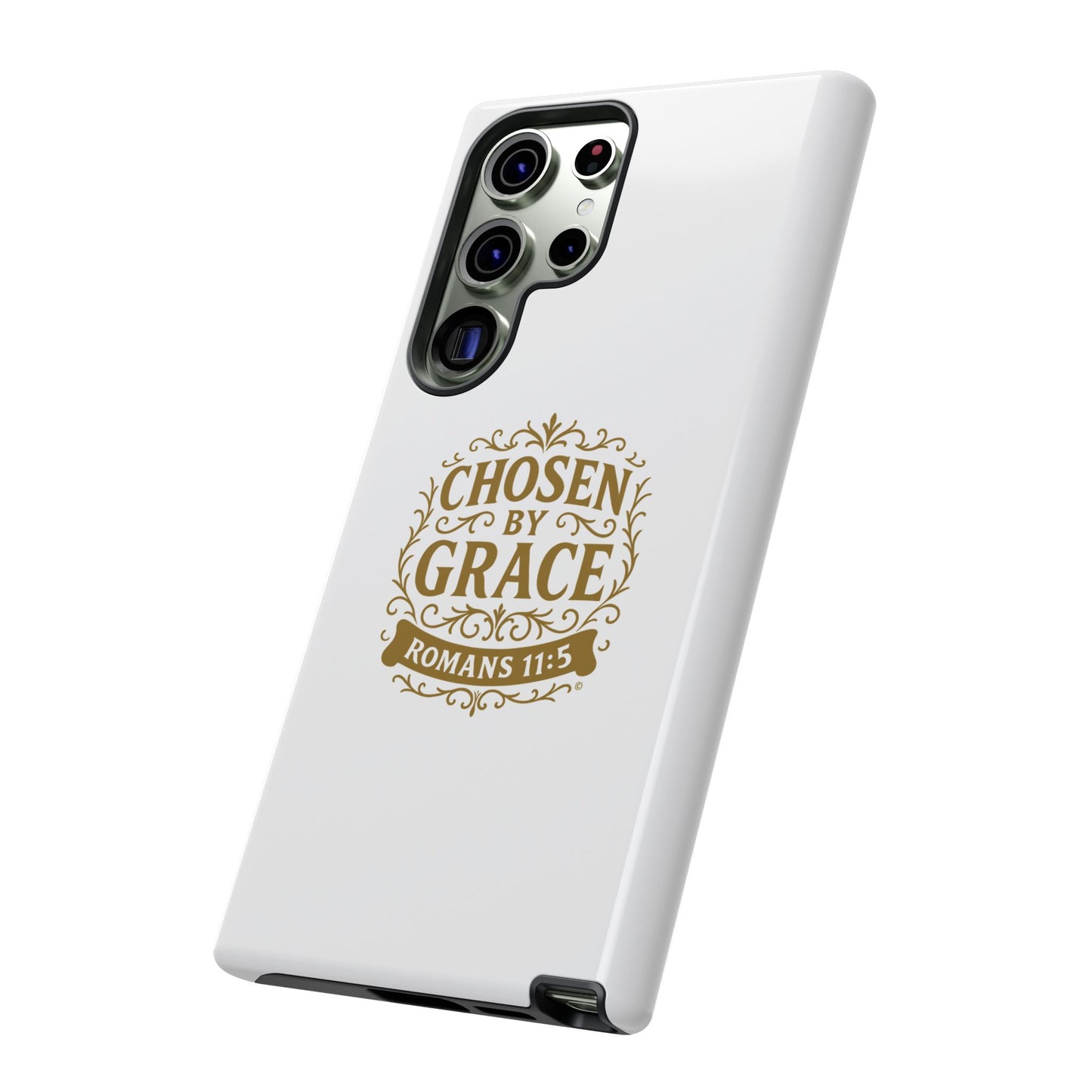 Chosen by Grace (Gold Lettering), Rugged Phone Case, Inspirational Mobile Cover, Gift for Faith Lovers, Faith-Based Protector - Cross Apparel USA