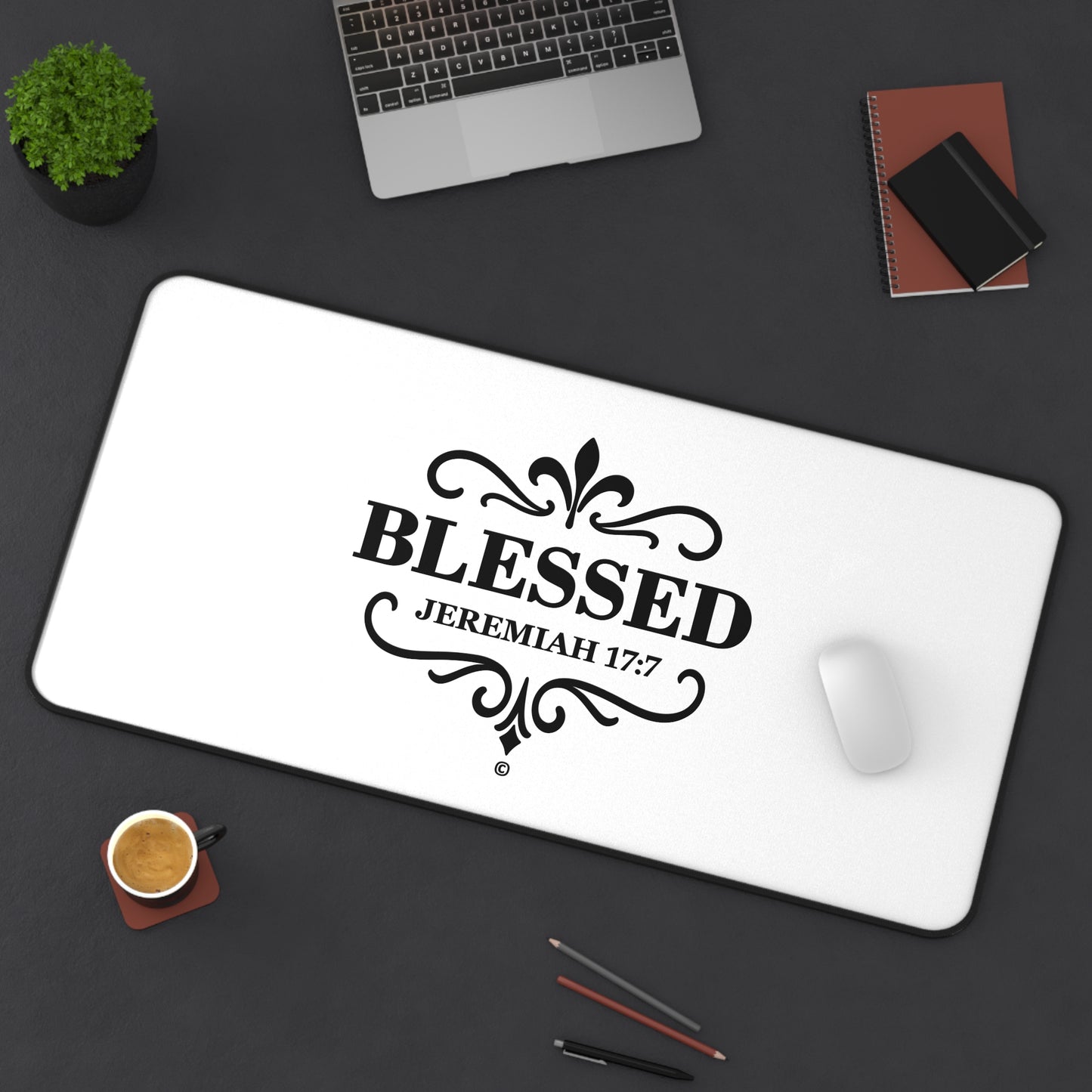 Blessed (Black Lettering) Desk Mat - Inspirational Office Decor, Christian Gift, Desk Accessory, Motivational Workspace - Cross Apparel USA