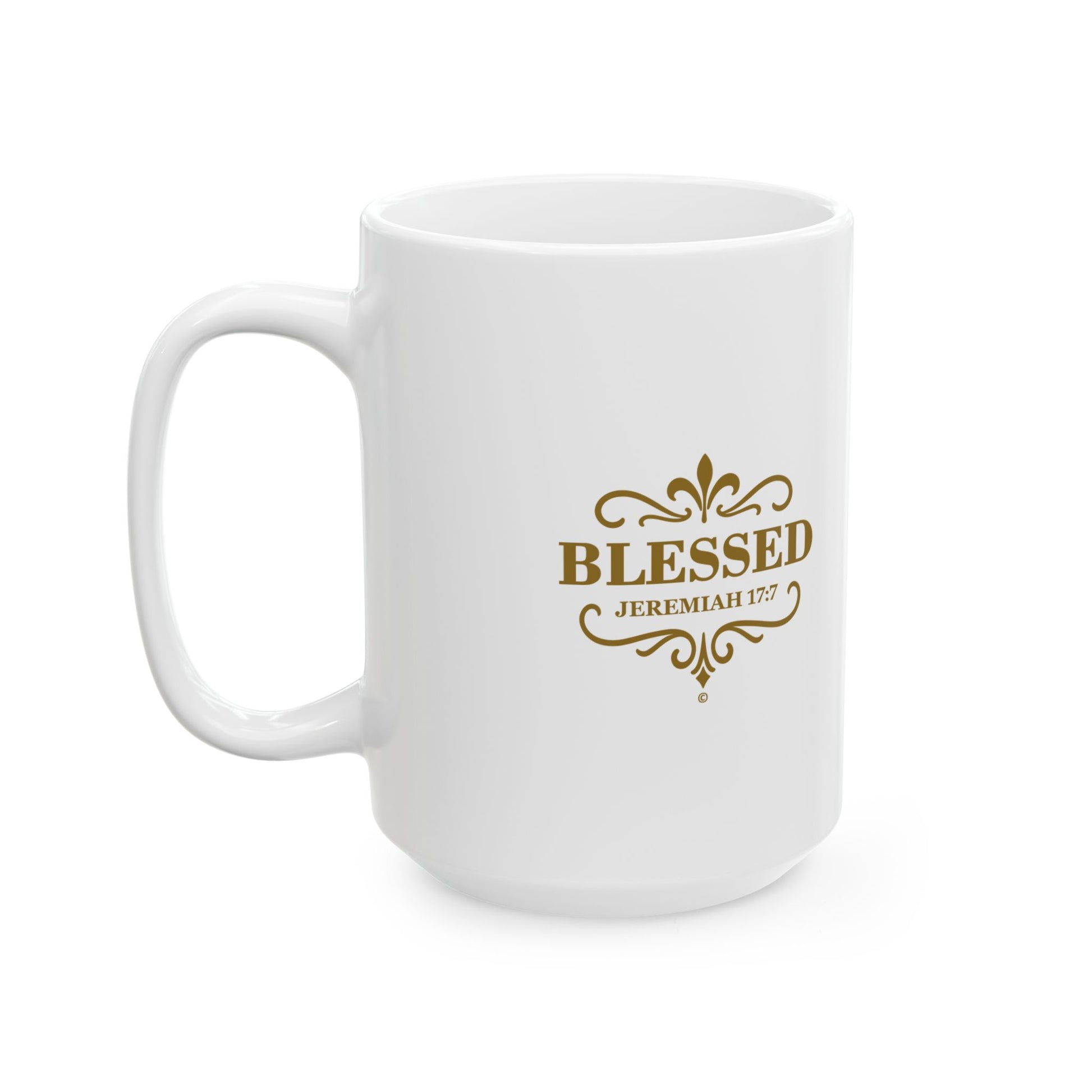 Blessed (Gold Lettering) Ceramic Mug, Inspirational Gift, Coffee Cup for Faith, Gift of Believers, Devotional Drinkware (11oz, 15oz) - Cross Apparel USA