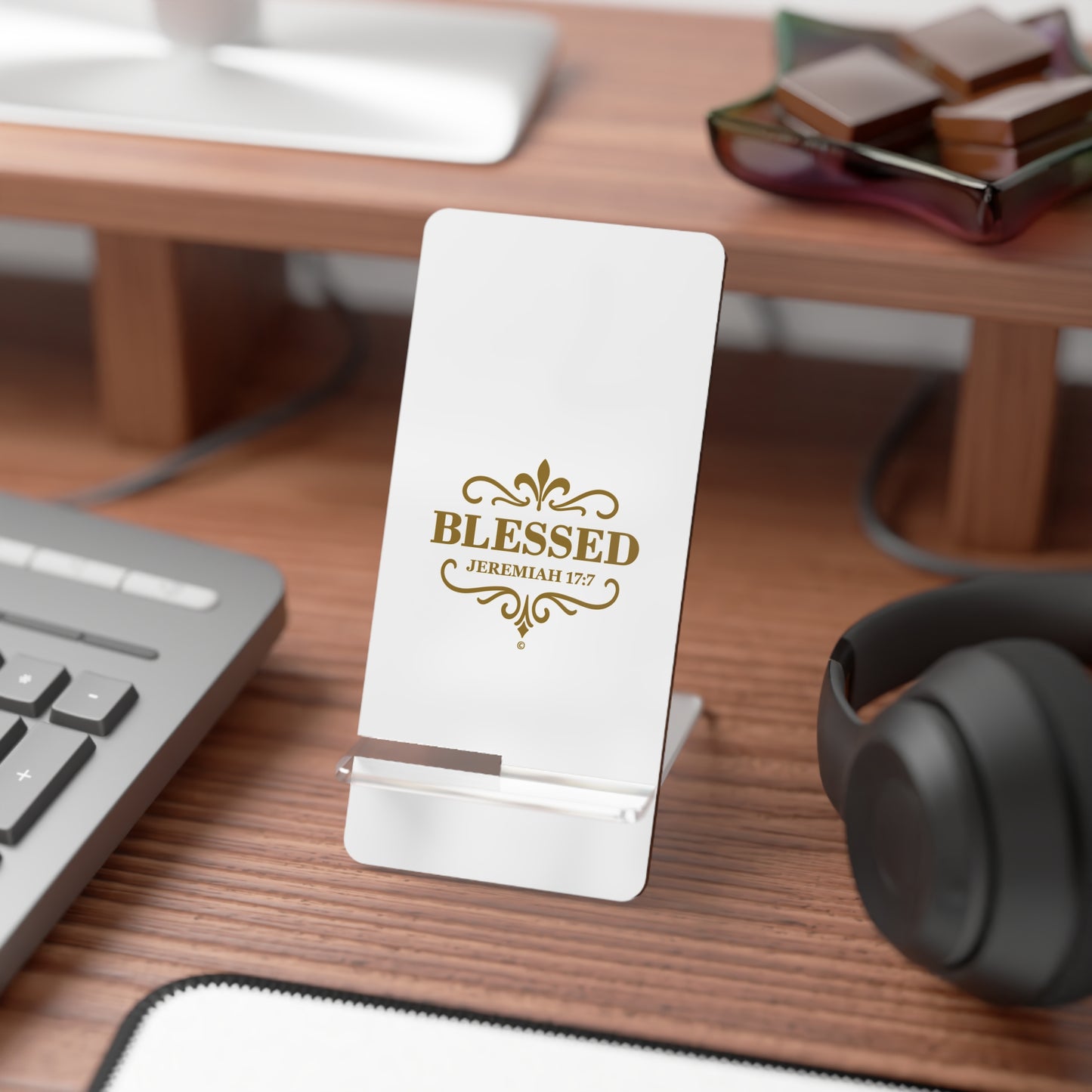 Blessed (Gold Lettering) Smartphone Display Stand, Desk Organizer, Gift for Students, Office Decor, Home Office Accessory