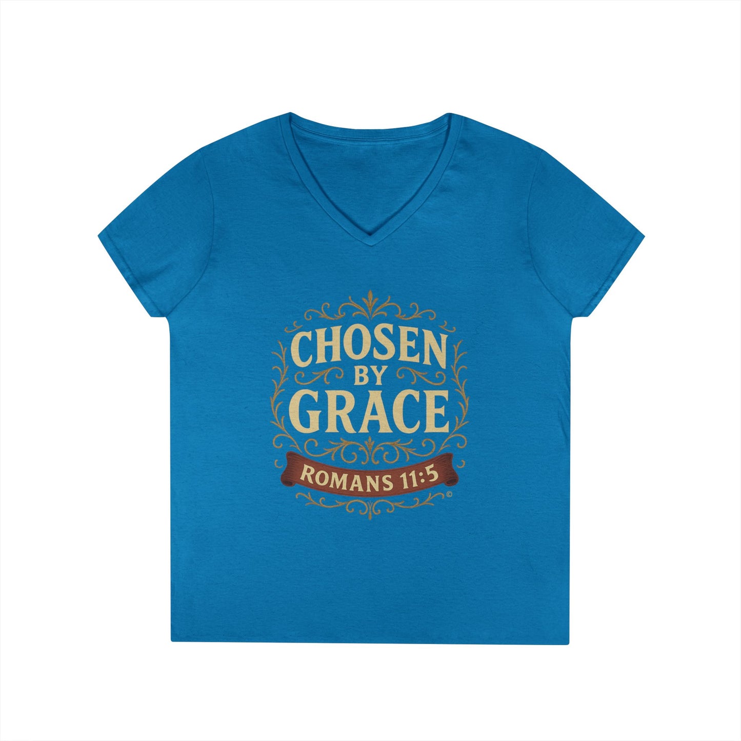 Chosen by Grace (Full Color) Ladies V-Neck T-Shirt, Inspirational Gift, Faith-Based Gift