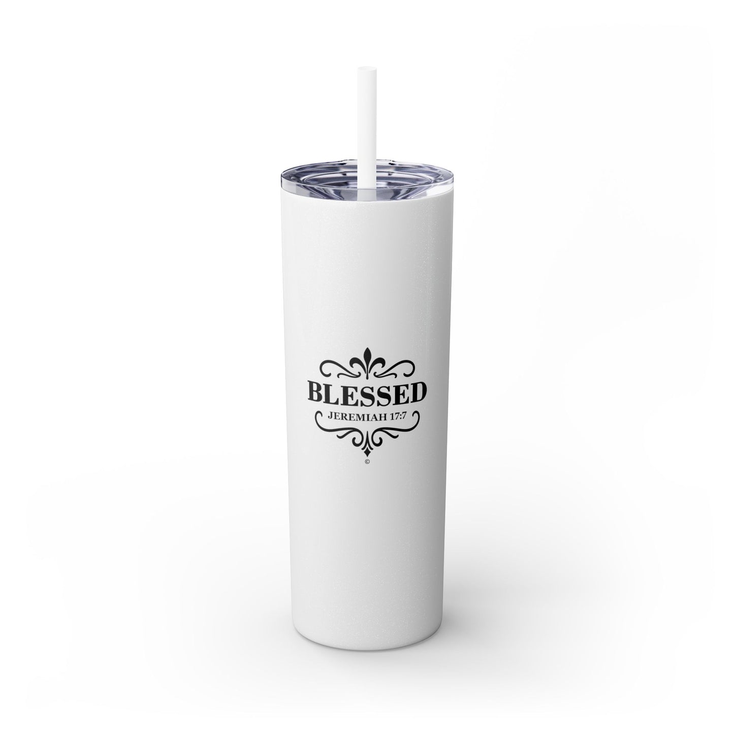 Blessed (Black Lettering) Stylish Skinny Tumbler with Straw, 20oz - Perfect Gift for Believers, Travel Mug, Insulated Drinkware, Inspirational Cup - Cross Apparel USA