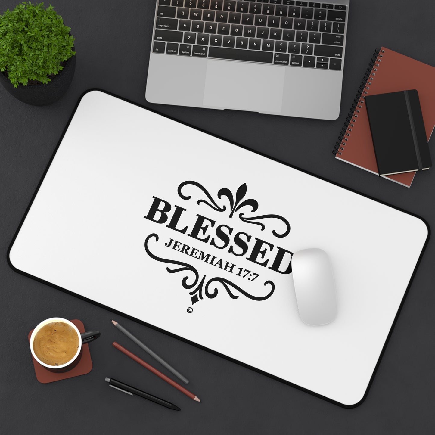 Blessed (Black Lettering) Desk Mat - Inspirational Office Decor, Christian Gift, Desk Accessory, Motivational Workspace - Cross Apparel USA