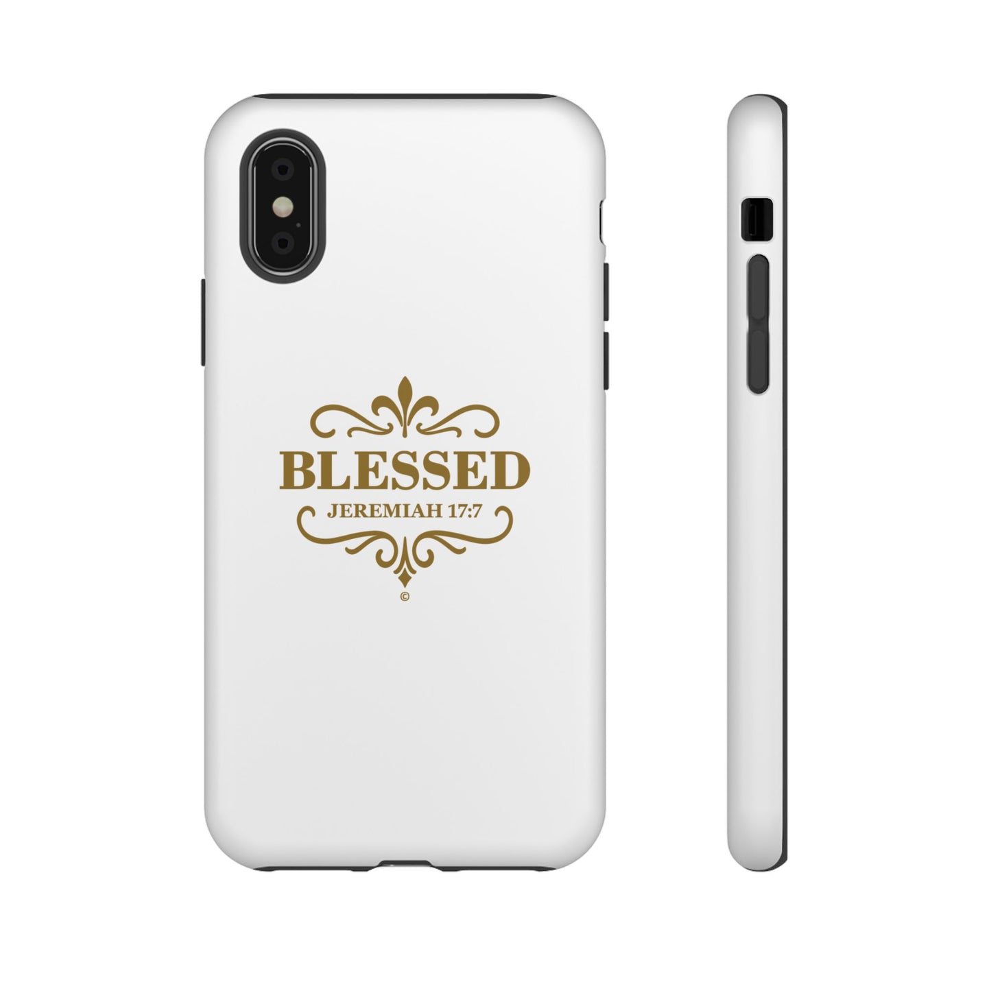 Blessed (Gold Lettering), Rugged Phone Case, Inspirational Mobile Cover, Gift for Faith Lovers, Faith-Based Protector - Cross Apparel USA