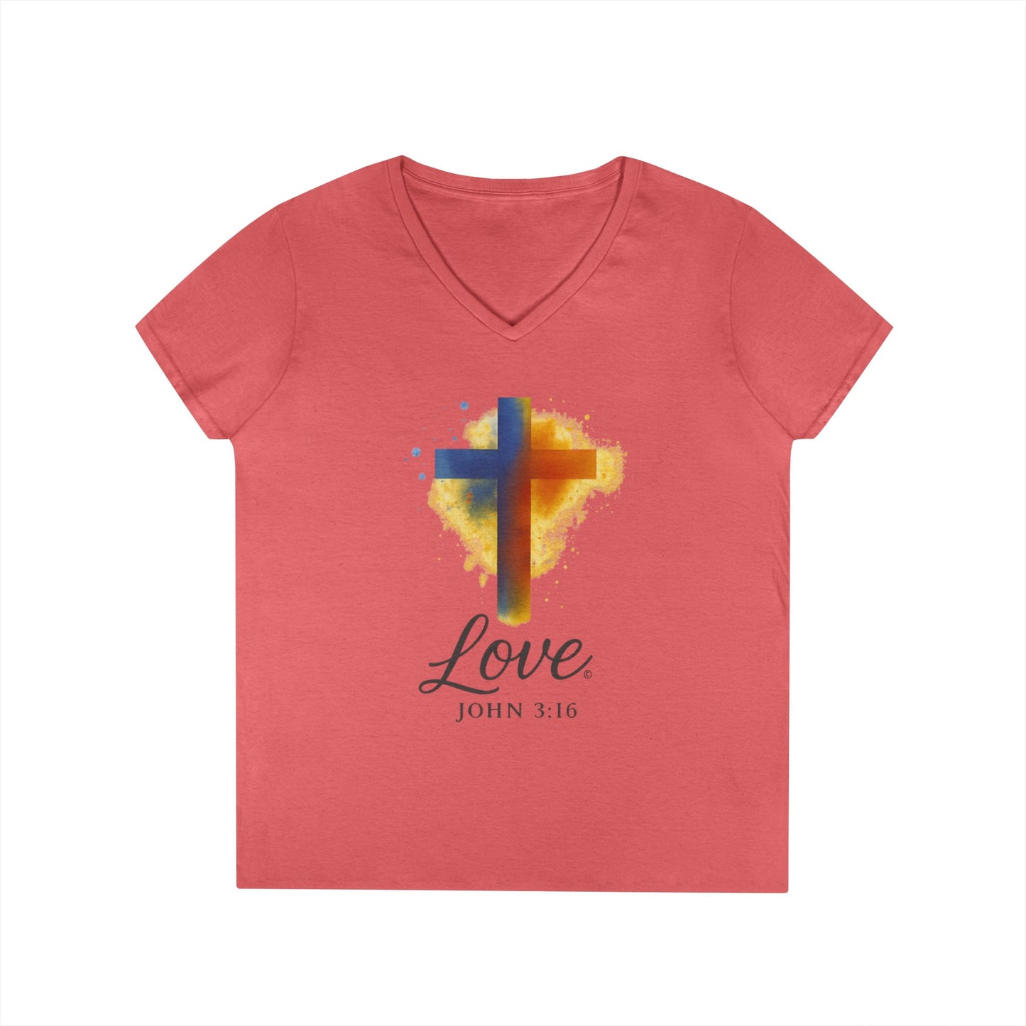 Love (Full Color) Ladies V-Neck T-Shirt, Inspirational Gift, Faith-Based Gift - Cross Apparel USA