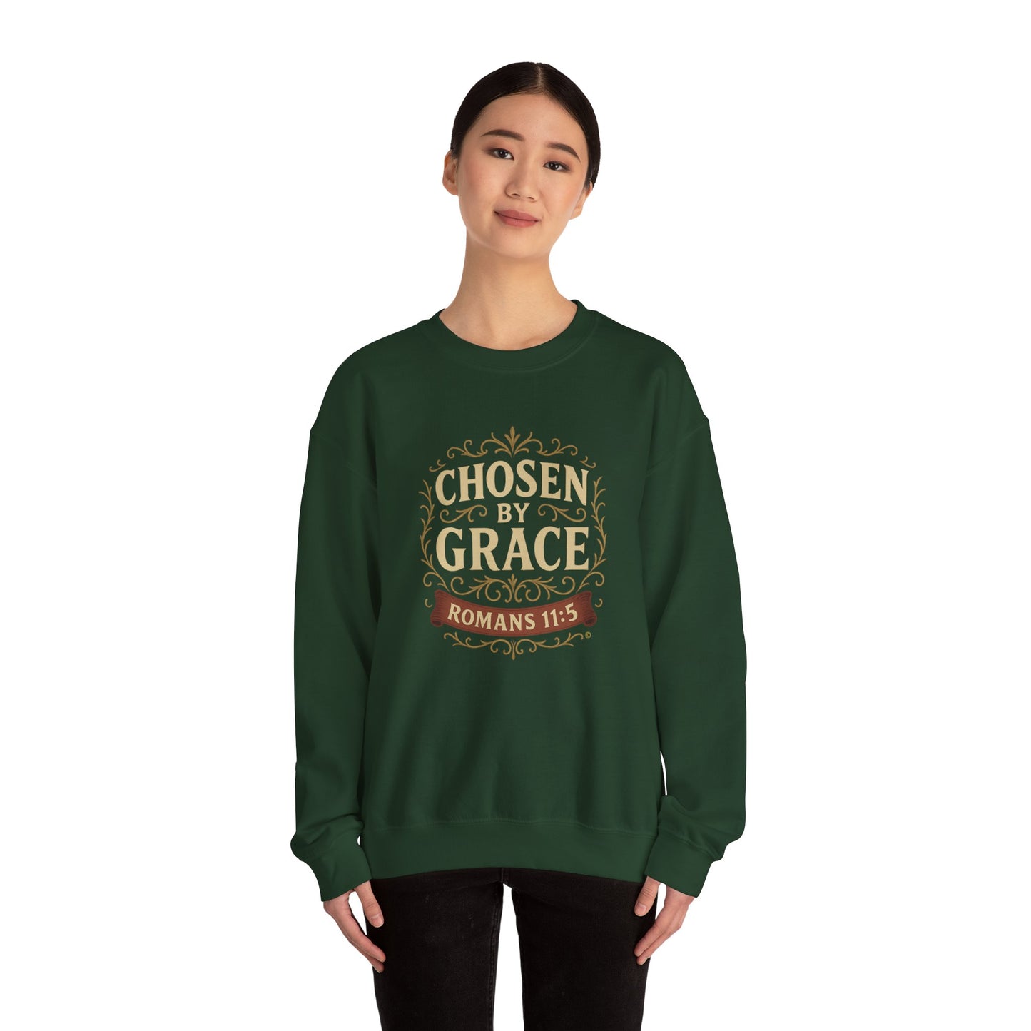 Chosen by Grace (Full Color) Unisex Crewneck Sweatshirt - Inspirational Gift, Christian Apparel, Faith-Based Fashion, Cozy Casual Wear, Bible Verse Sweatshirt