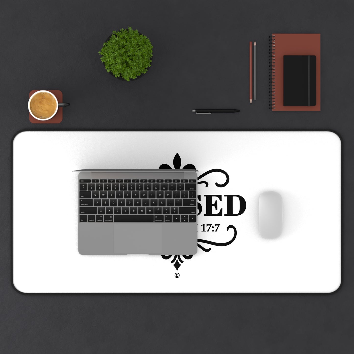 Blessed (Black Lettering) Desk Mat - Inspirational Office Decor, Christian Gift, Desk Accessory, Motivational Workspace - Cross Apparel USA