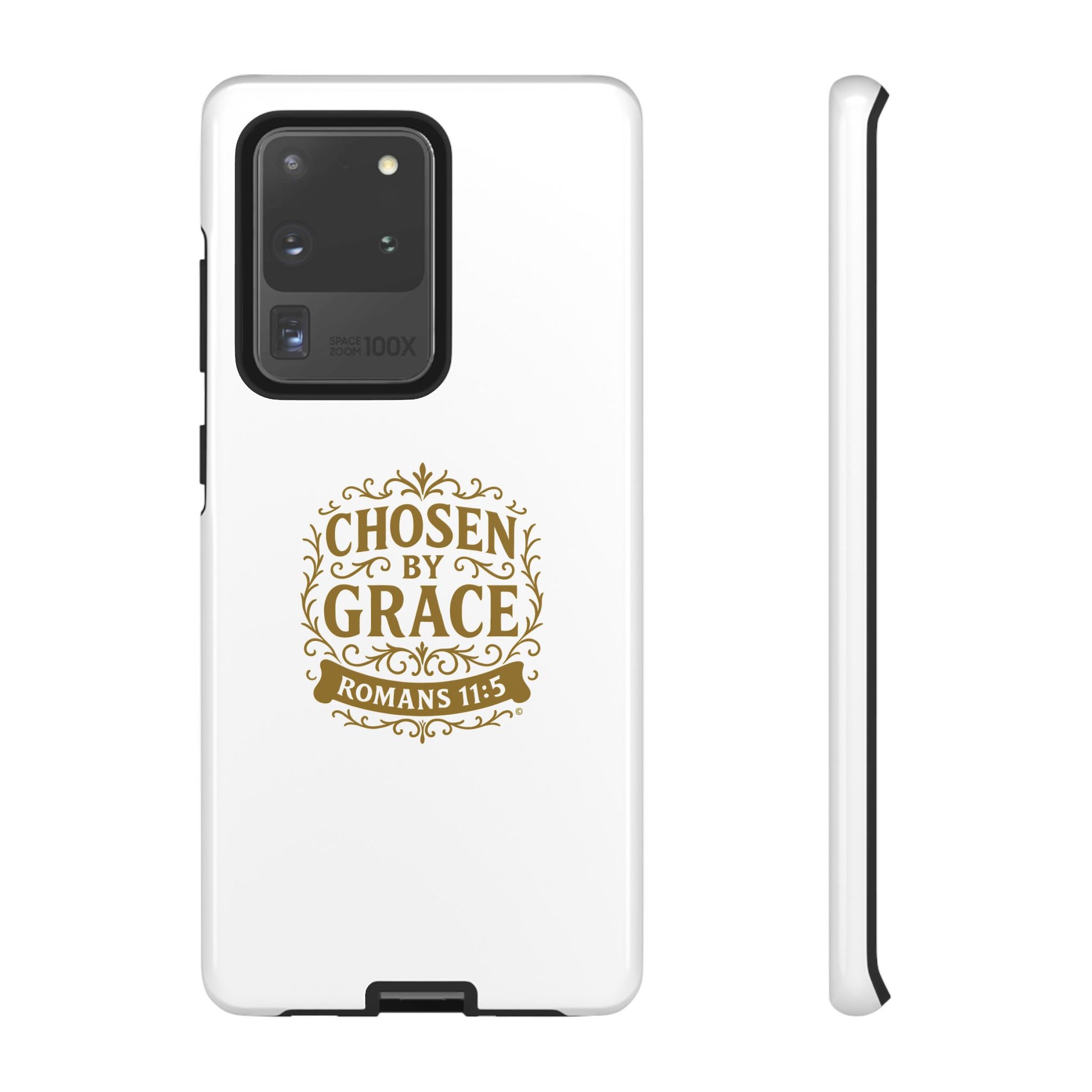 Chosen by Grace (Gold Lettering), Rugged Phone Case, Inspirational Mobile Cover, Gift for Faith Lovers, Faith-Based Protector - Cross Apparel USA