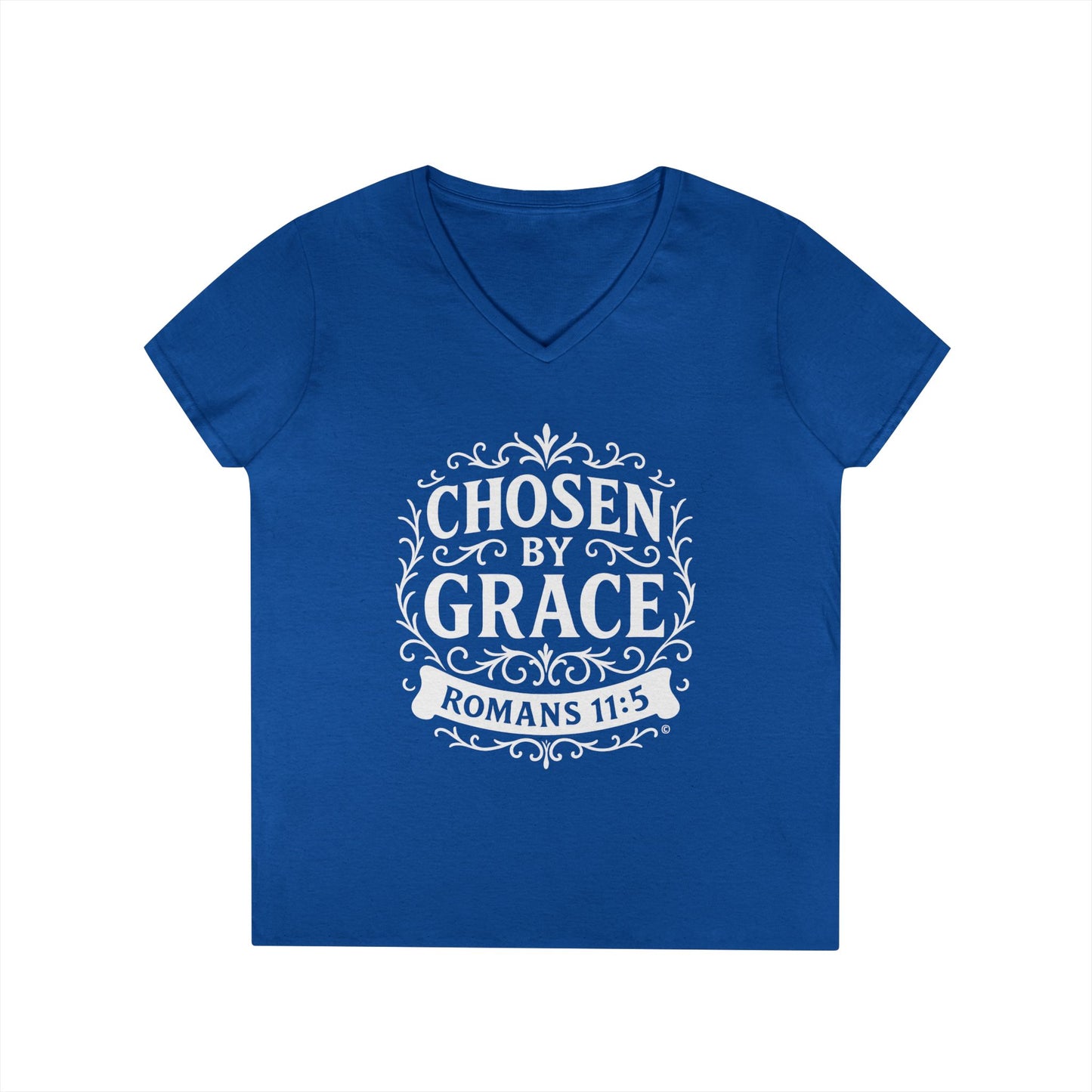 Chosen by Grace (White Lettering) Ladies V-Neck T-Shirt, Inspirational Gift, Faith-Based Gift