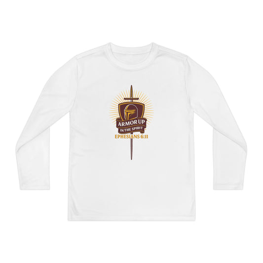 Armor Up (Burgundy & Gold Lettering) Youth Long Sleeve Armor Up Tee - Inspirational Shirt for Kids, Faith-Based Apparel, Gifts for Believers