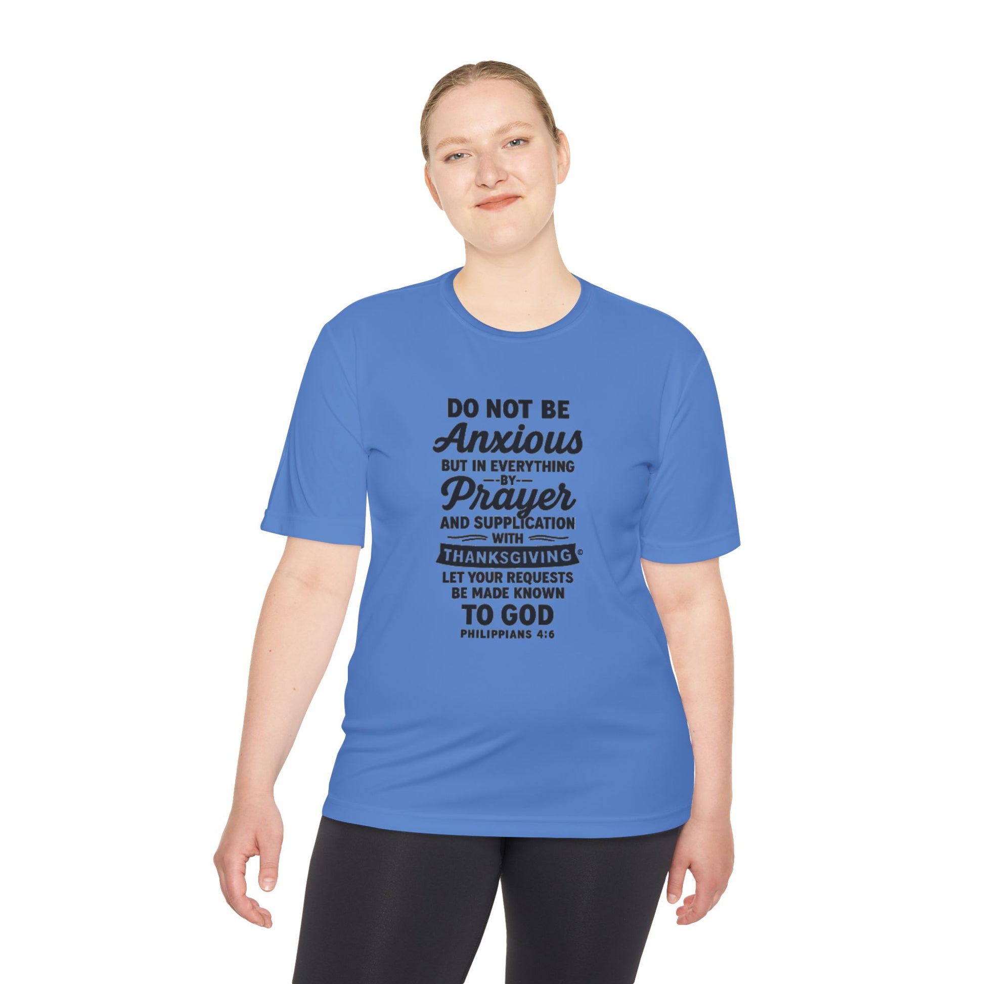 Not Anxious (Black Lettering with full design on the front side) Activewear Performance Moisture Wicking Tee, Faith-Based Workout Shirt, Inspirational Fitness Gear, Gift for Fitness Lovers, Bible Verse T-Shirt - Cross Apparel USA